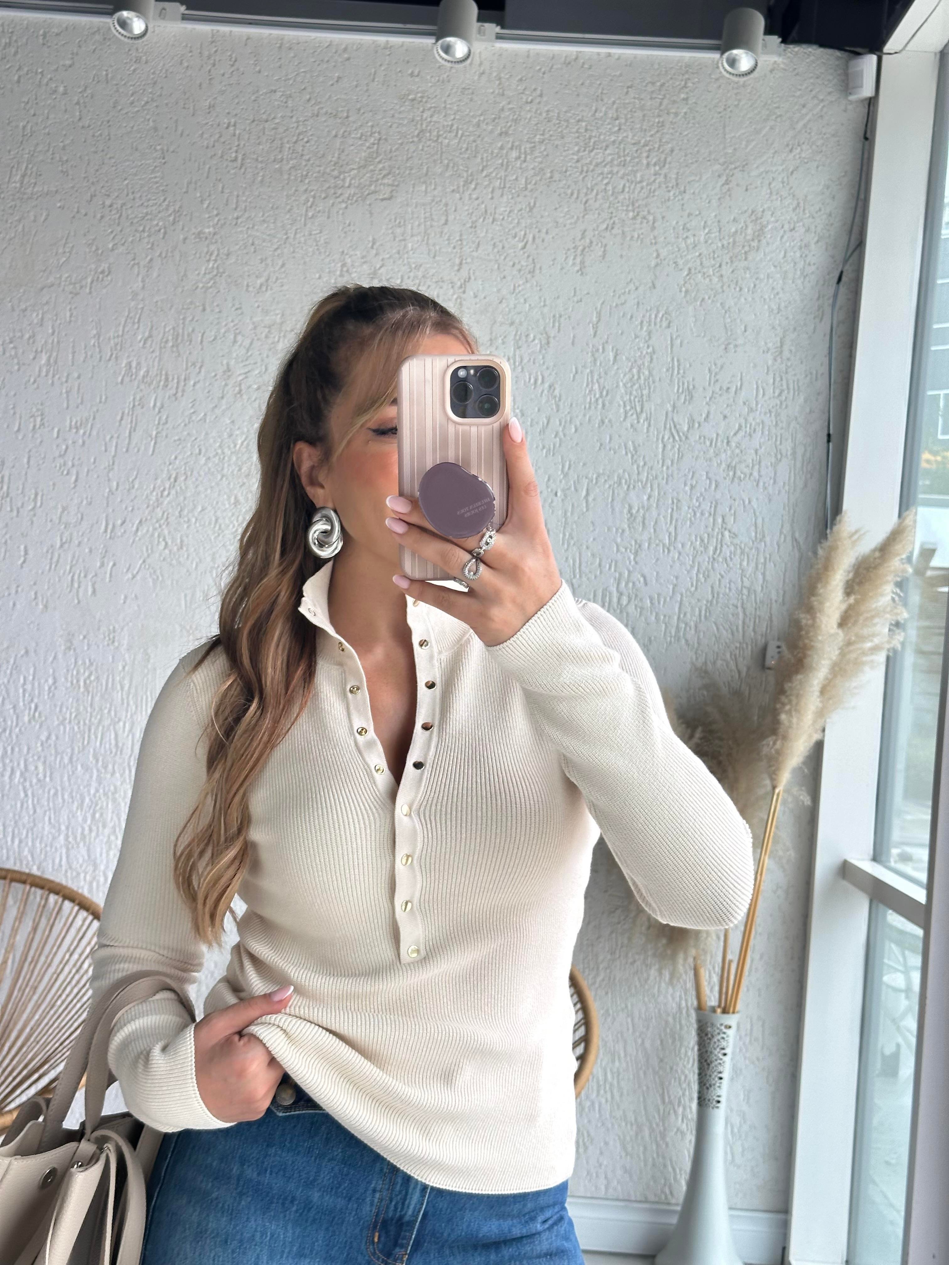 Ekru Çıtçıtlı Triko Bluz