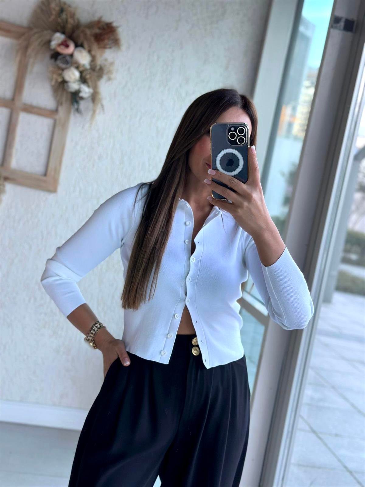 Ekru Düğmeli Polo Yaka Hırka