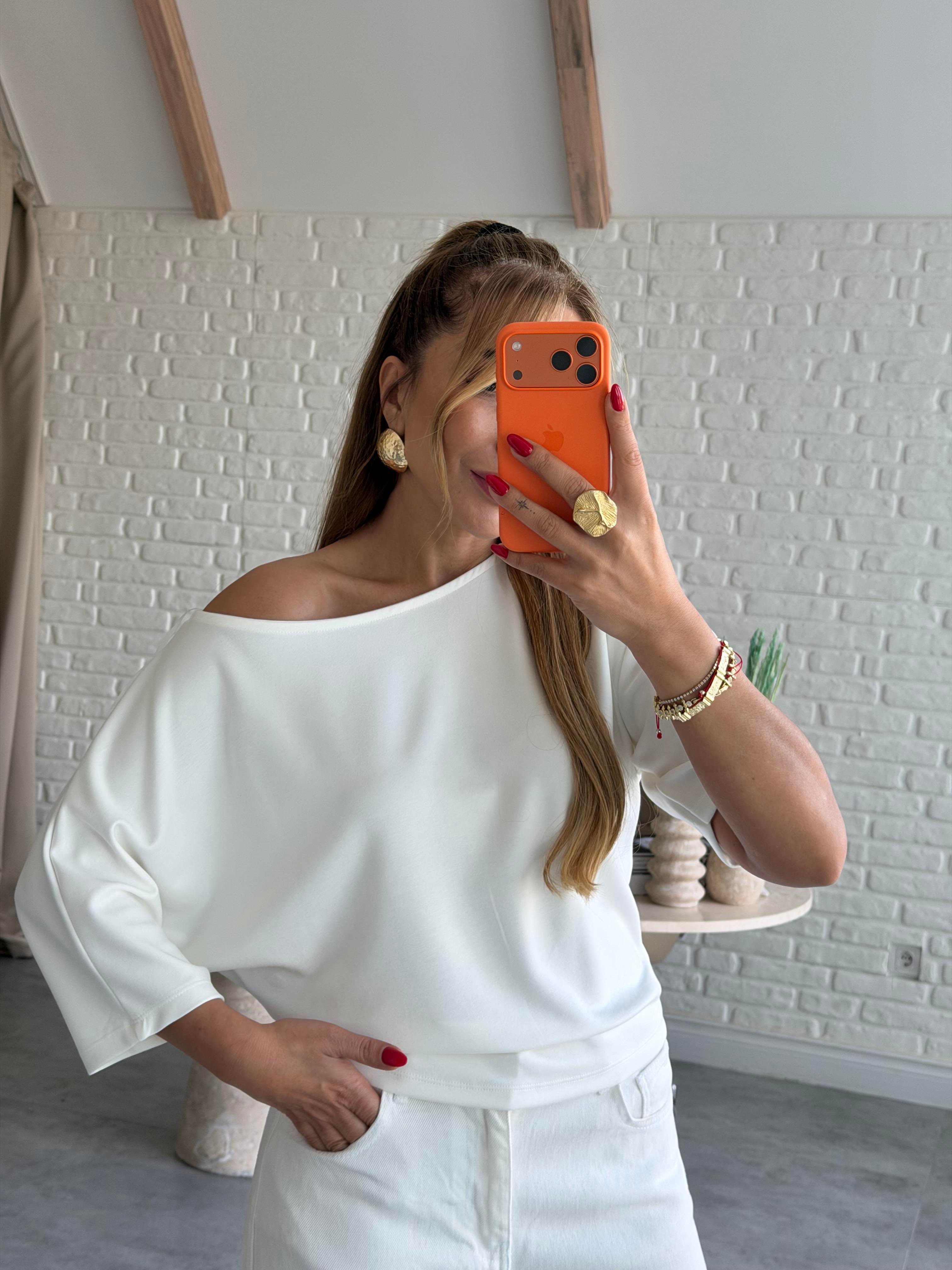 Ekru Düşük Omuz Basic T-shirt