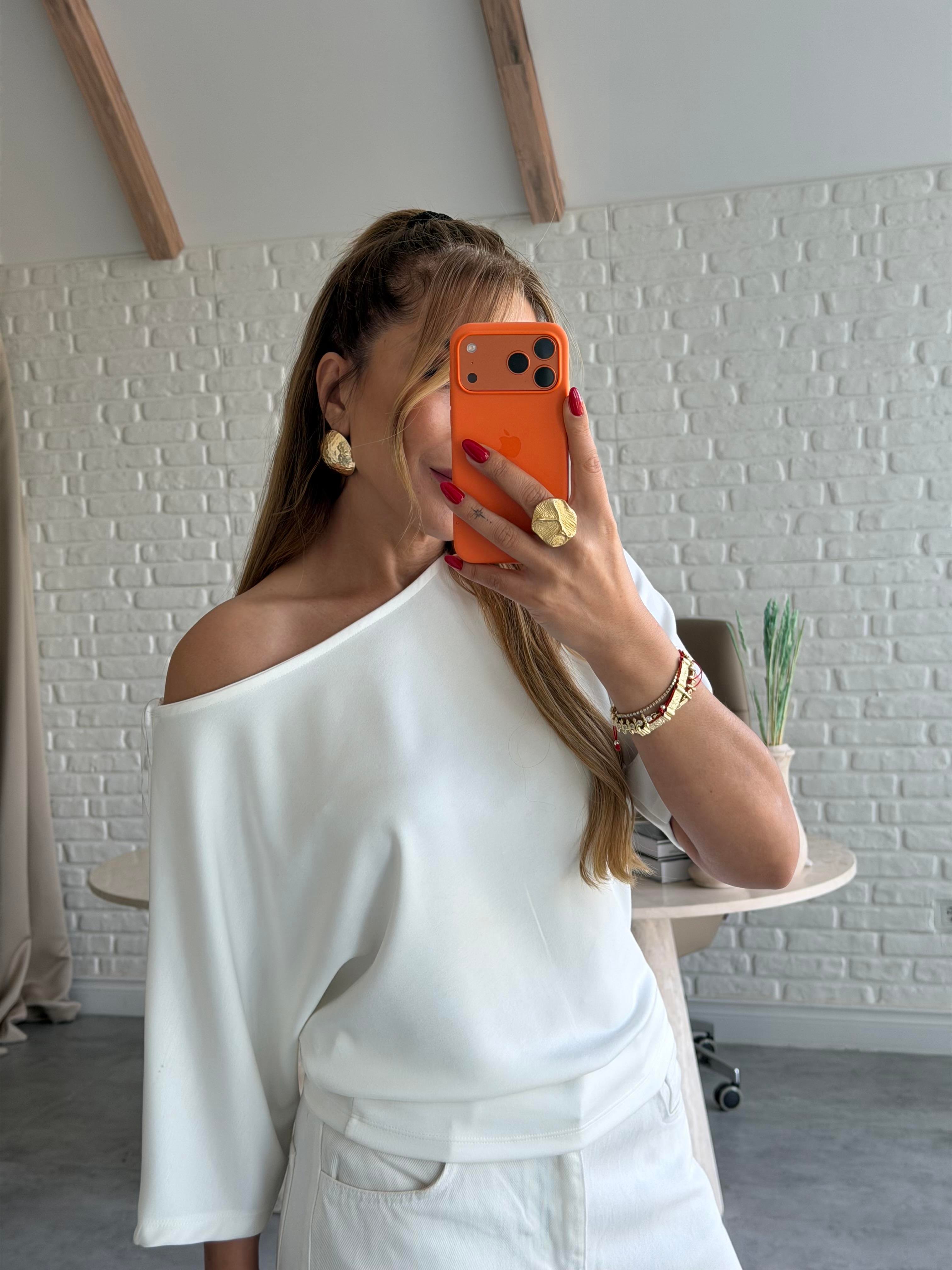 Ekru Düşük Omuz Basic T-shirt