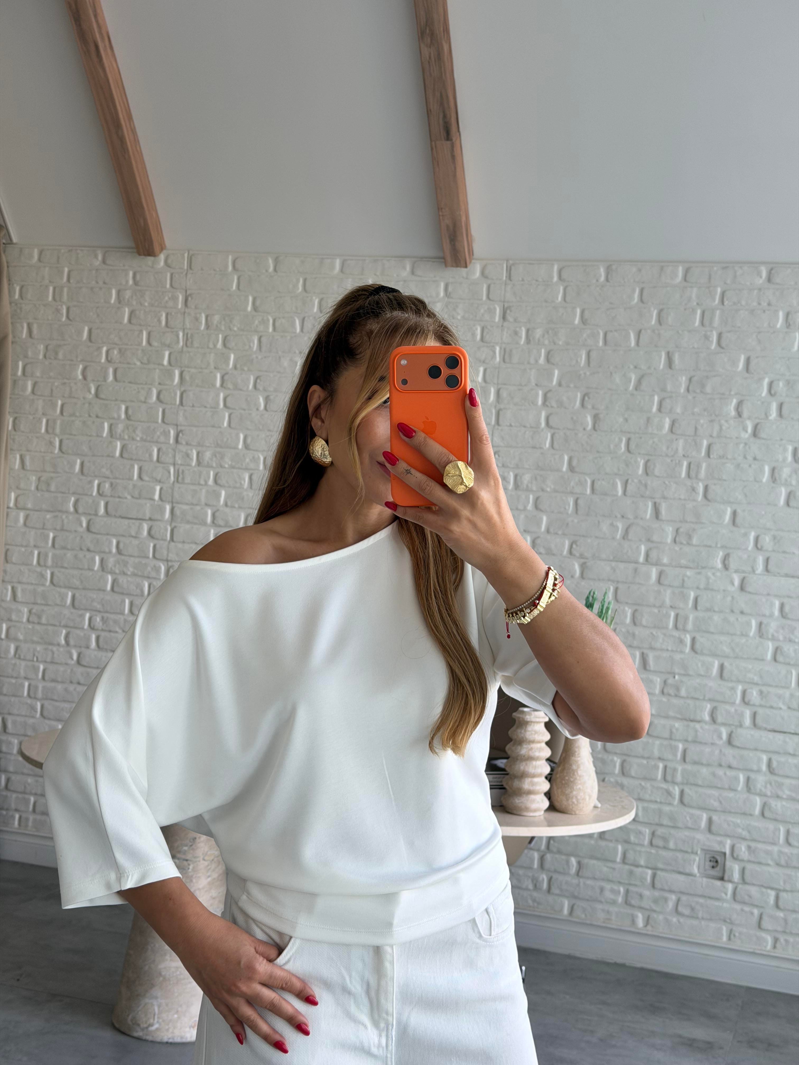 Ekru Düşük Omuz Basic T-shirt