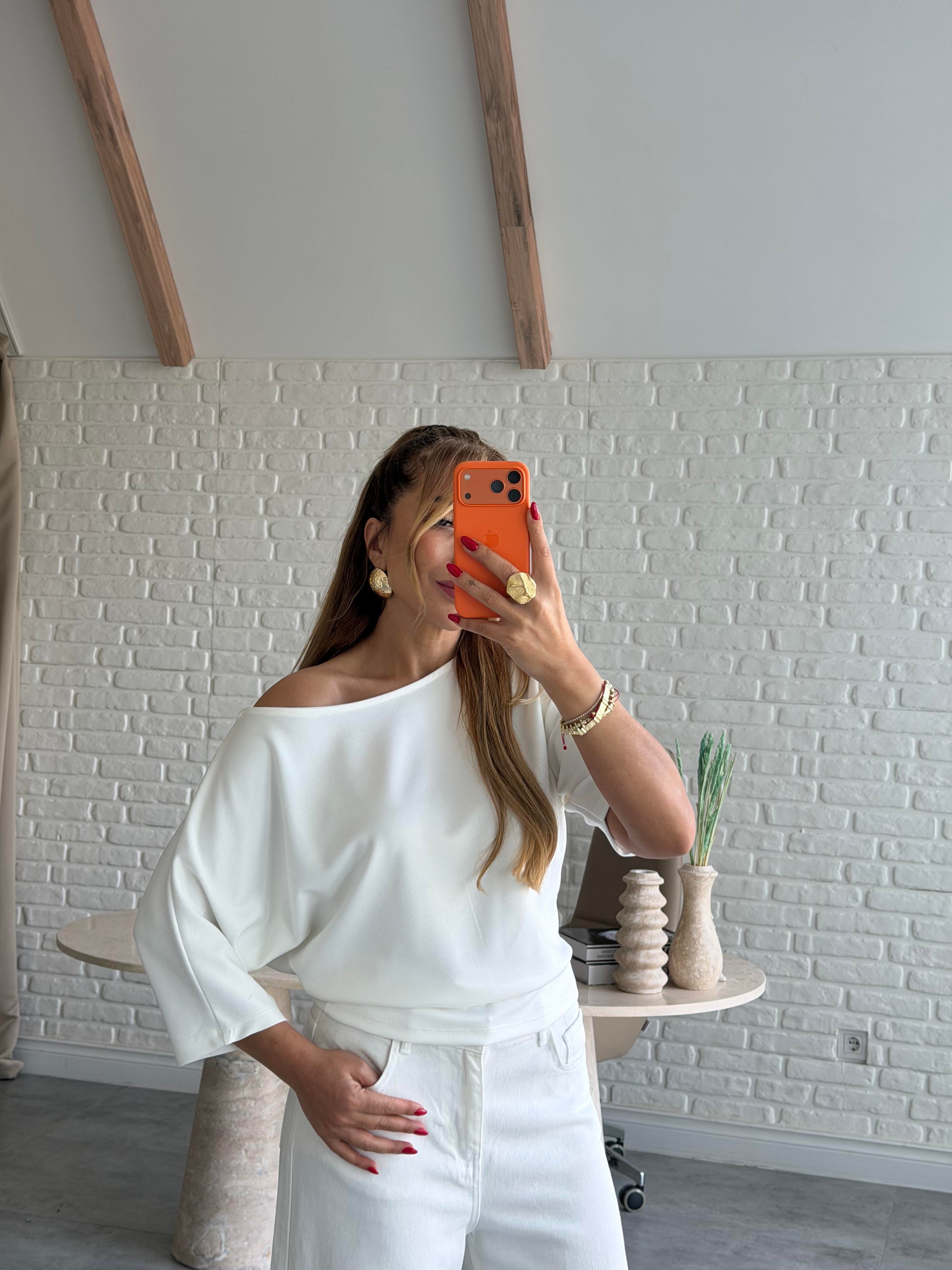 Ekru Düşük Omuz Basic T-shirt