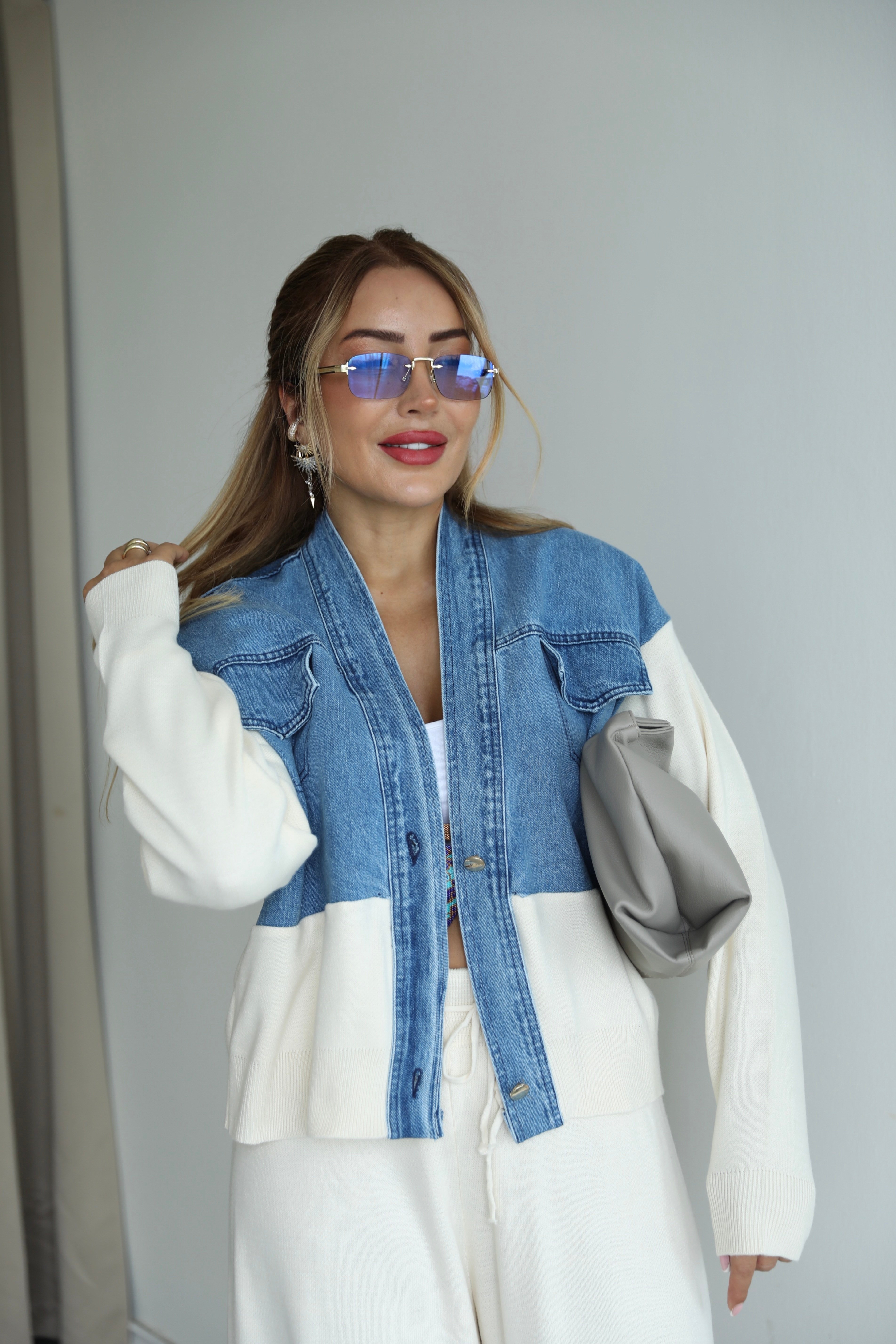 Ekru Jean Detaylı Triko Takım 
