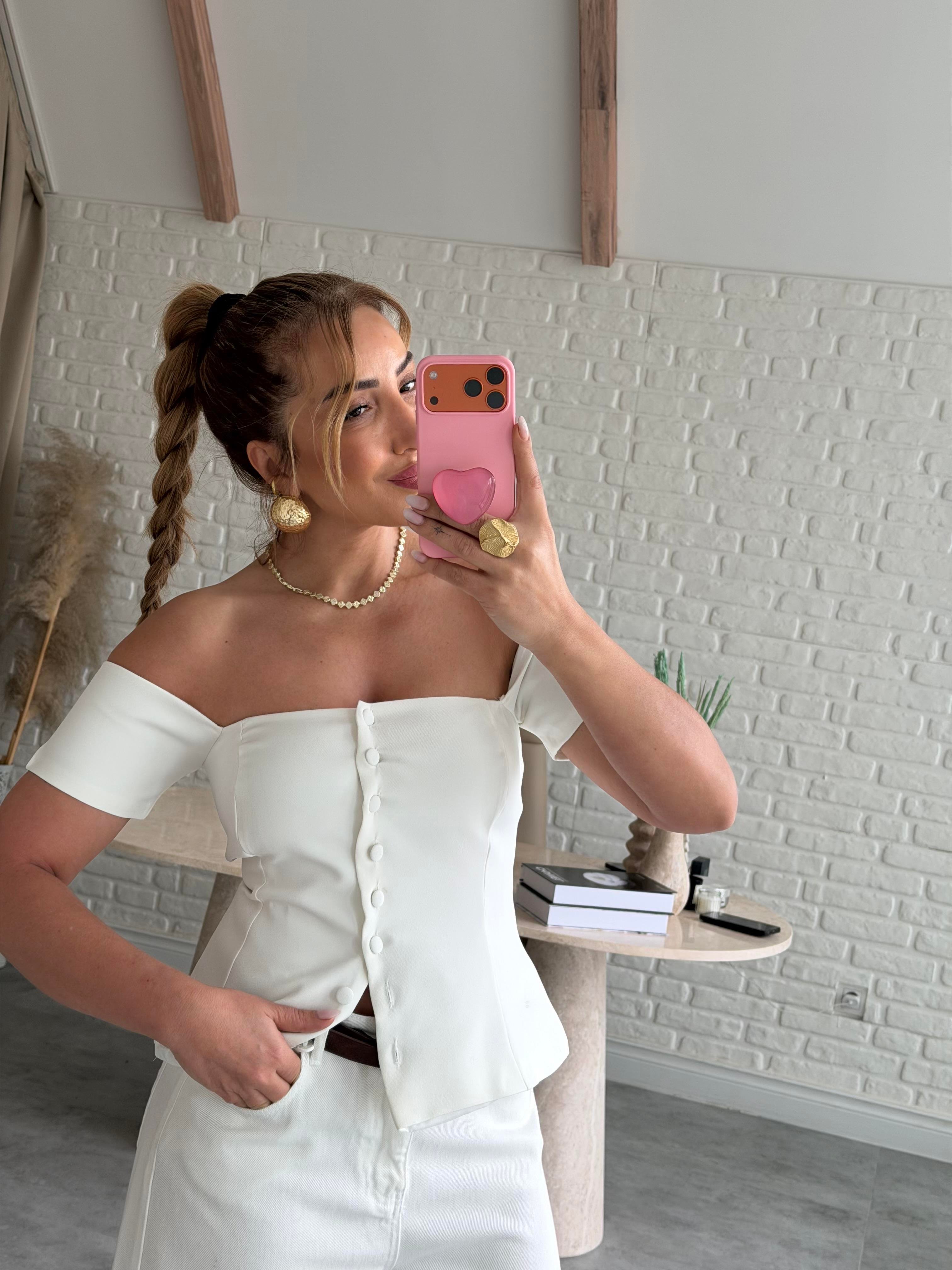 Ekru Kol Detaylı Straplez Bluz
