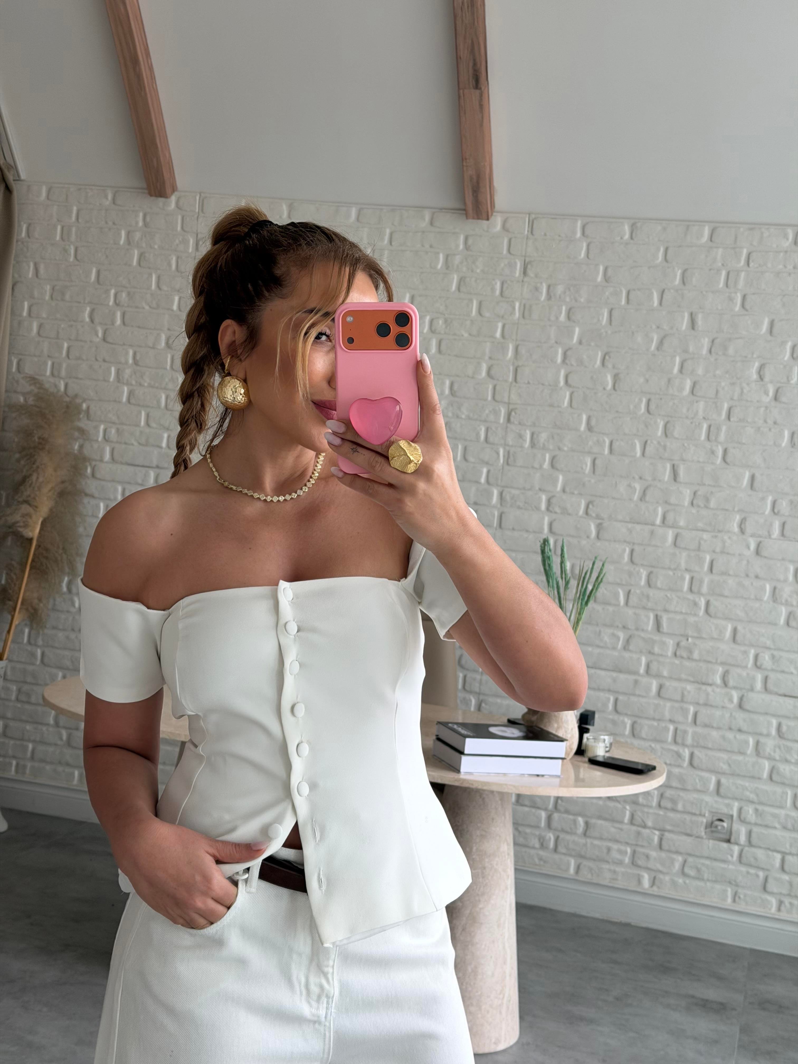Ekru Kol Detaylı Straplez Bluz