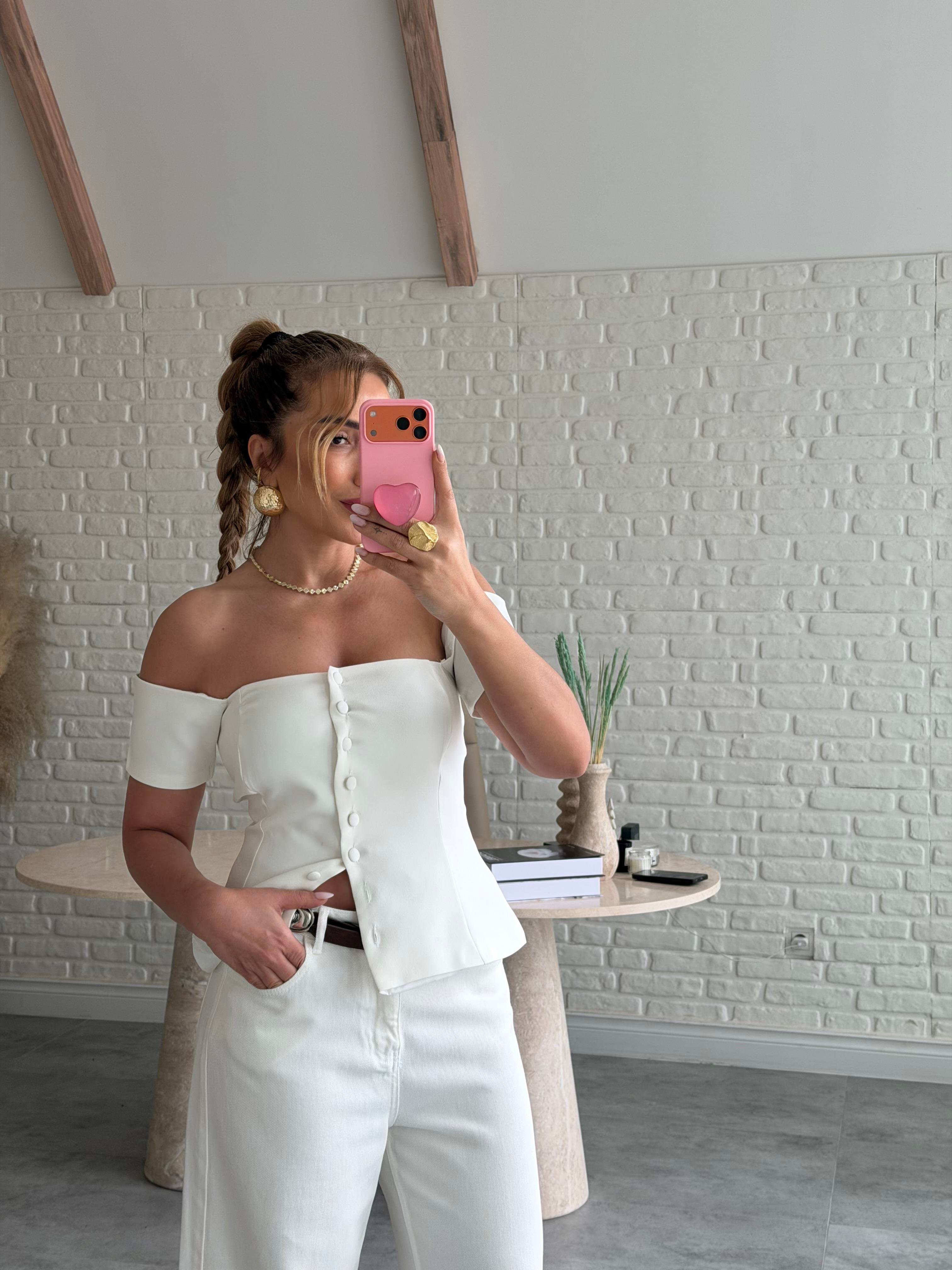 Ekru Kol Detaylı Straplez Bluz