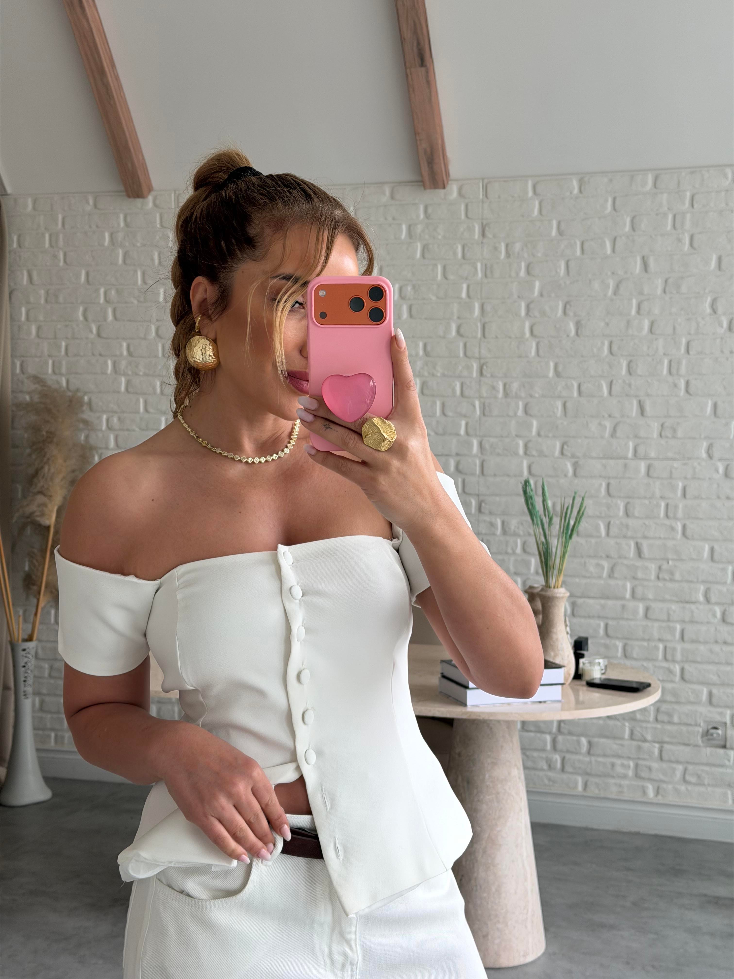 Ekru Kol Detaylı Straplez Bluz