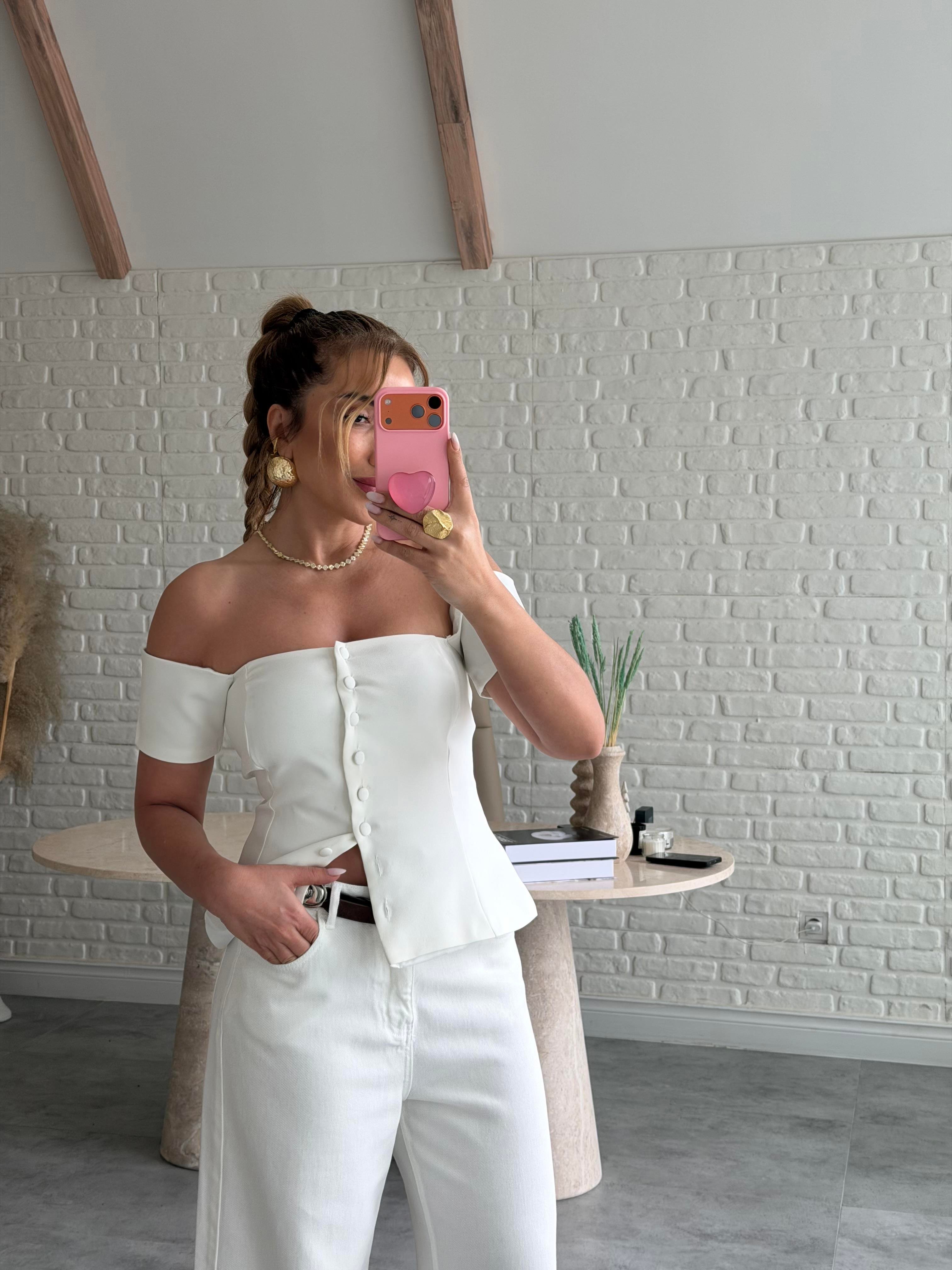 Ekru Kol Detaylı Straplez Bluz