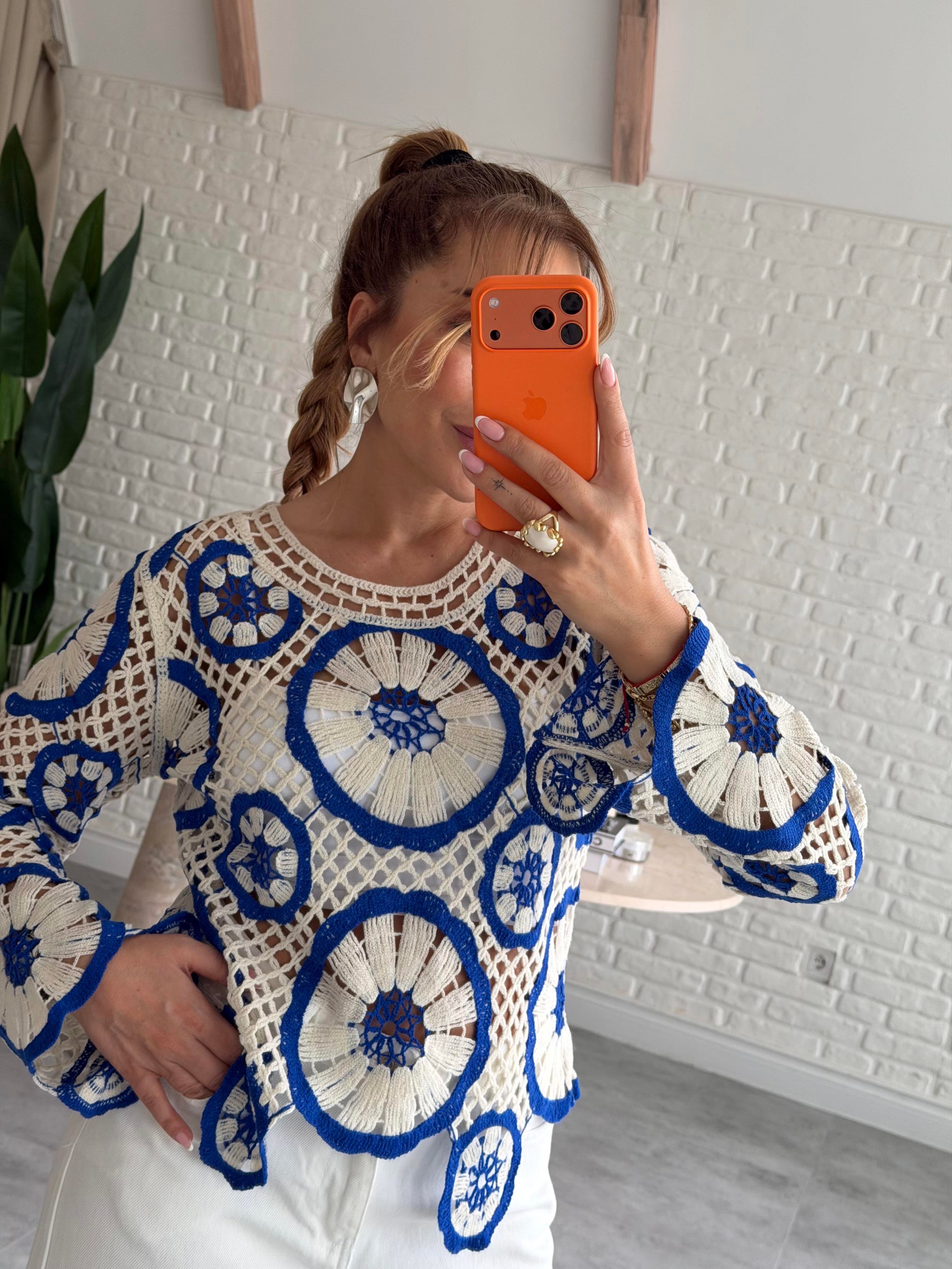 Ekru Mavi Örme Tasarım Bluz