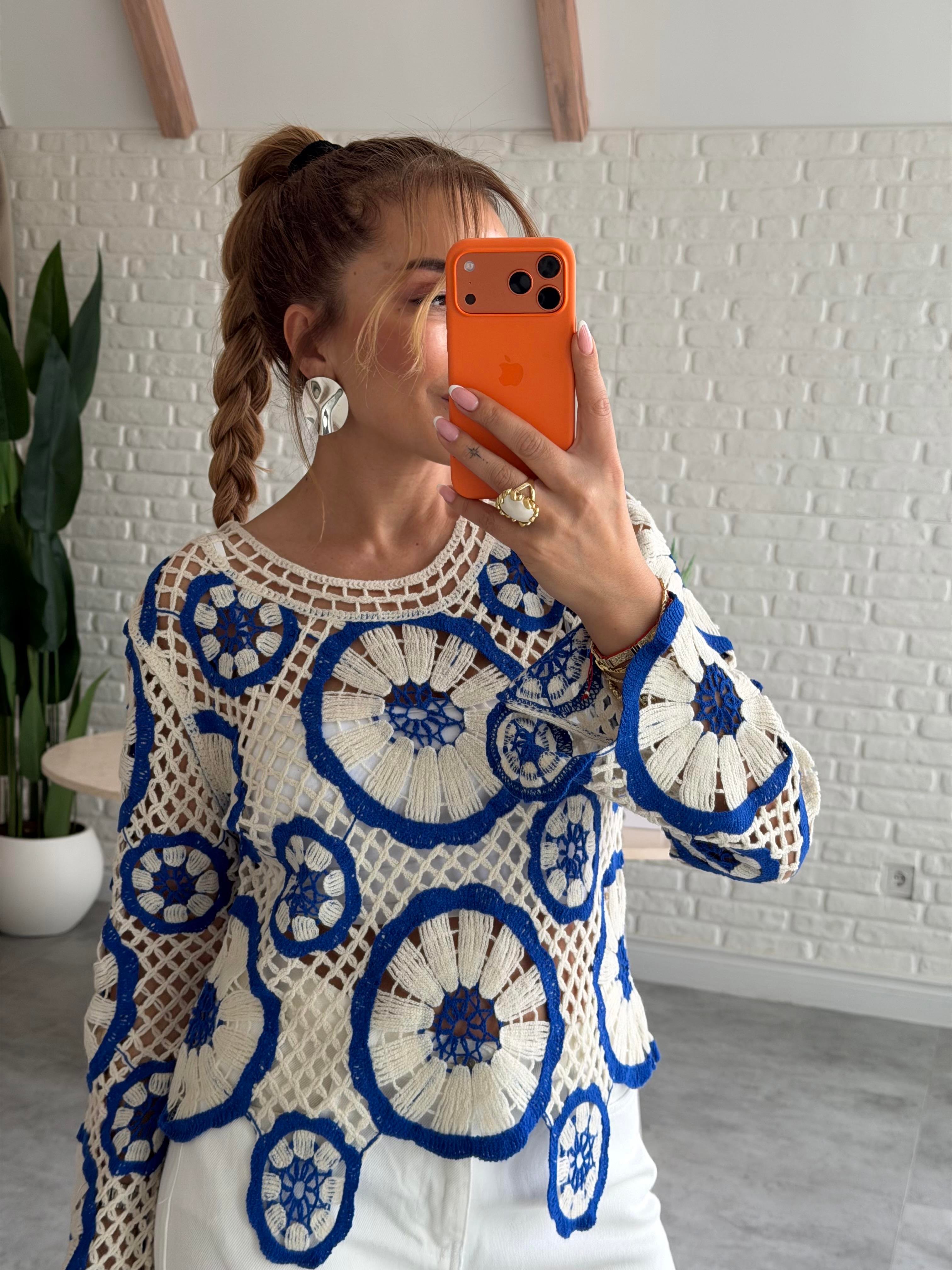 Ekru Mavi Örme Tasarım Bluz