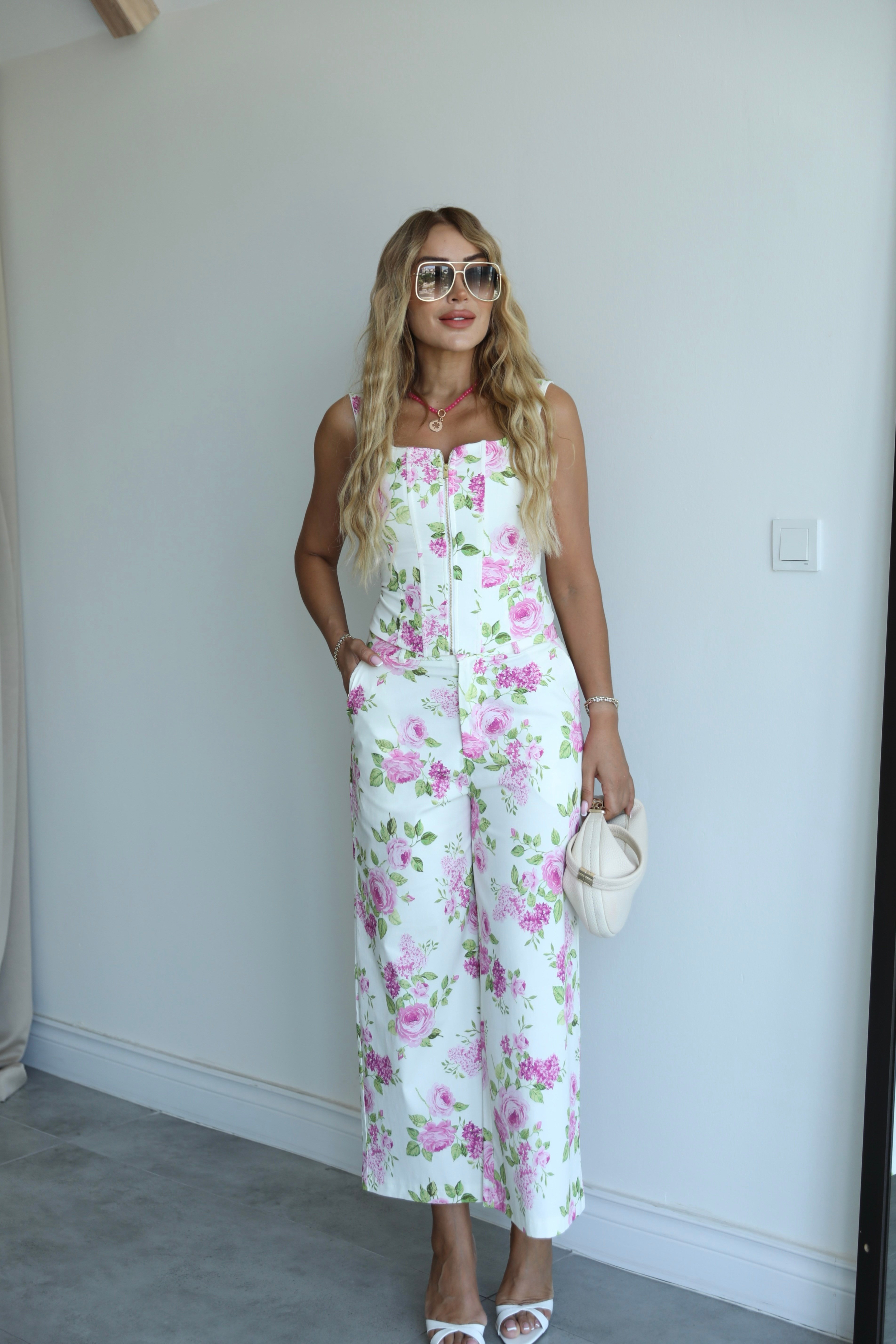Ekru Pembe Çiçekli Korse Pantolon Takım 