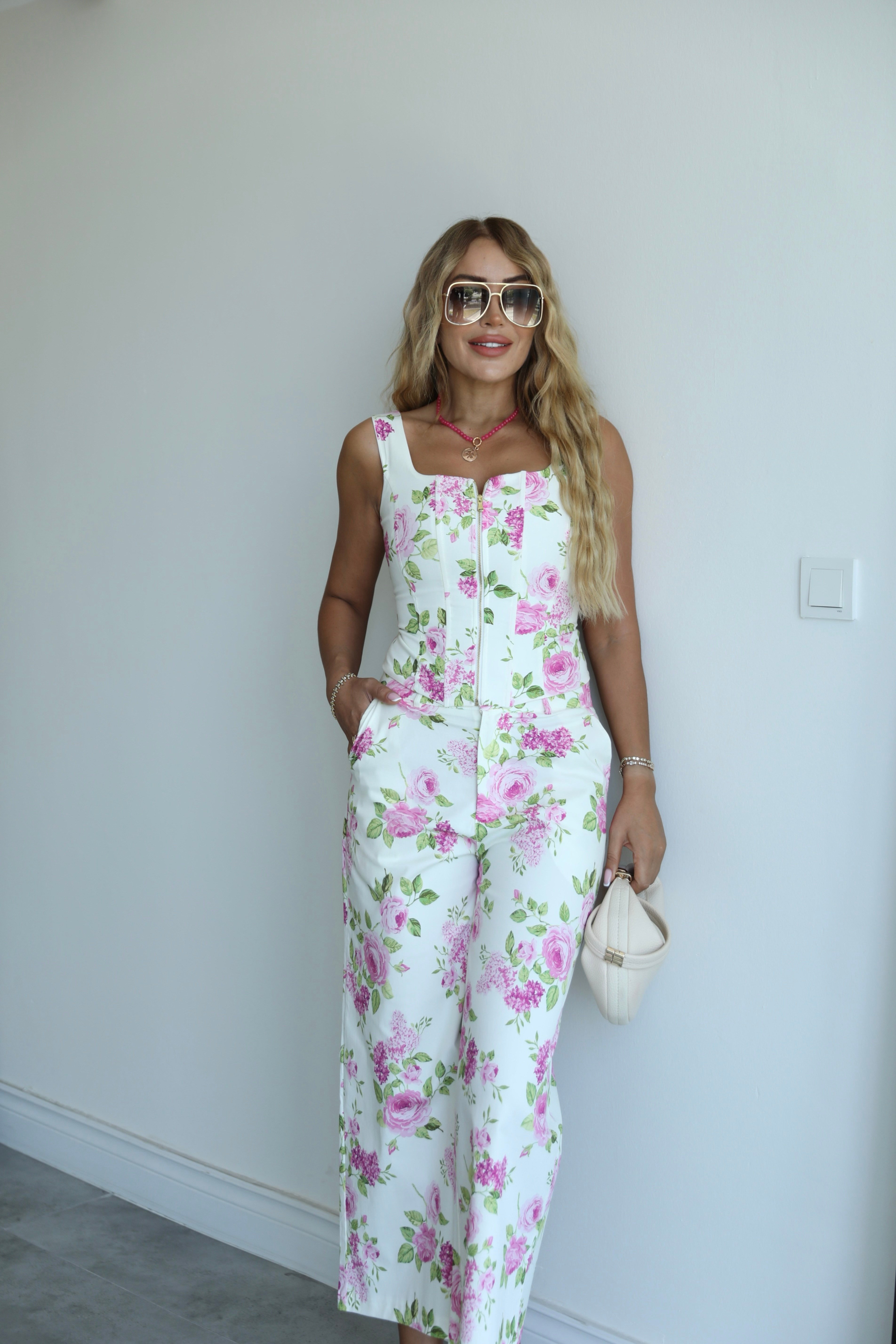 Ekru Pembe Çiçekli Korse Pantolon Takım 