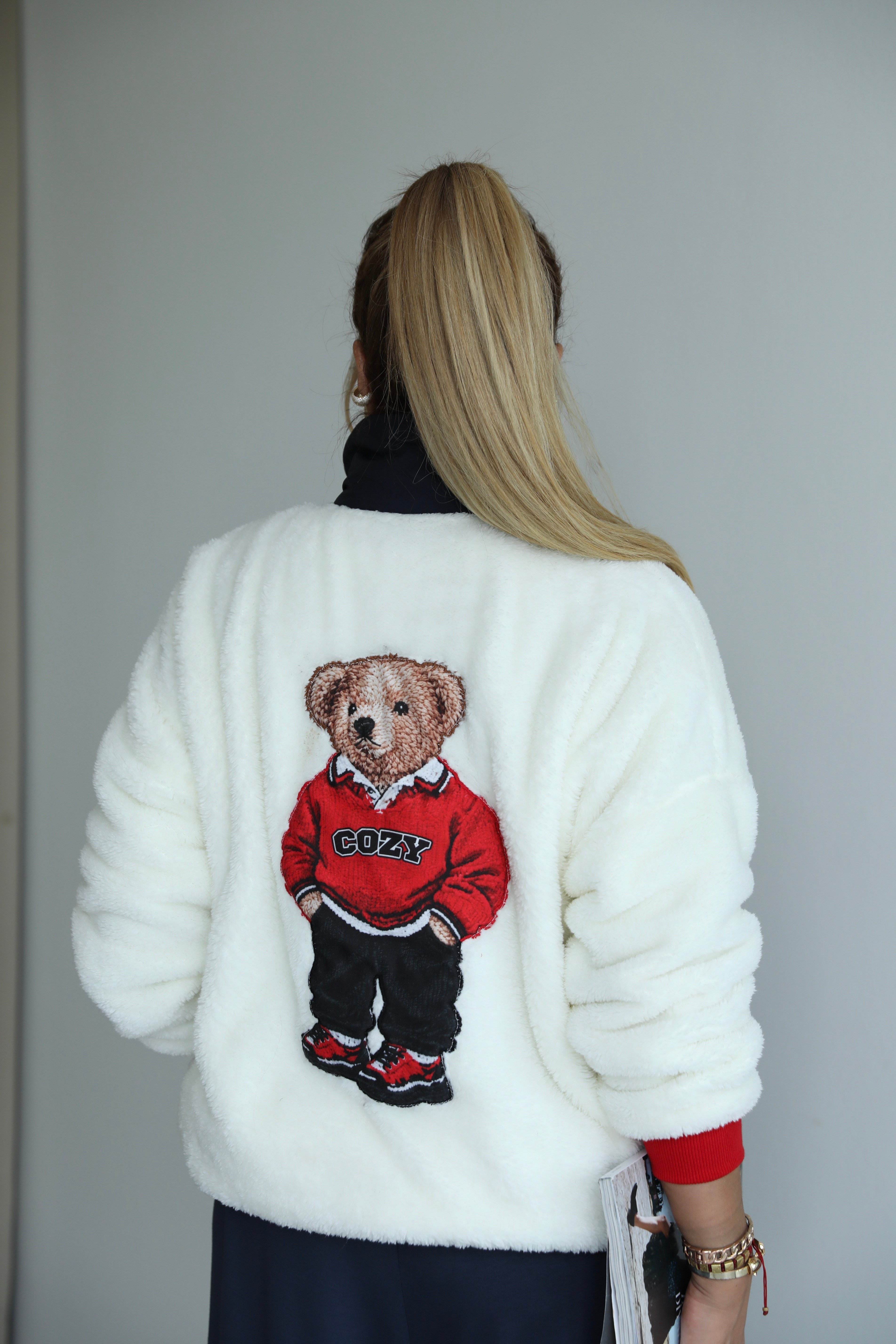 Ekru Sırt Nakışlı Peluş Sweat