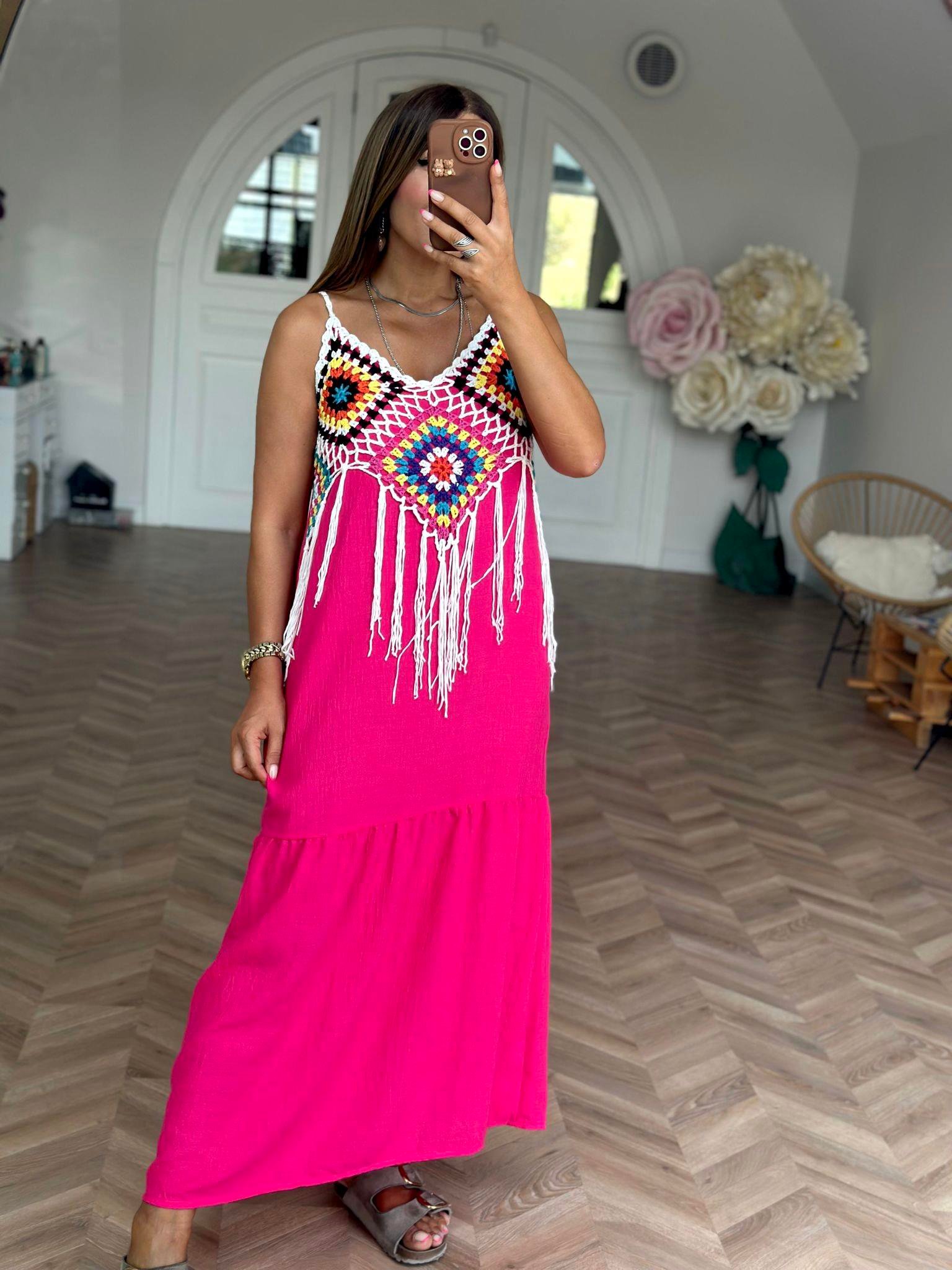 Fuşya Örme Detaylı Elbise