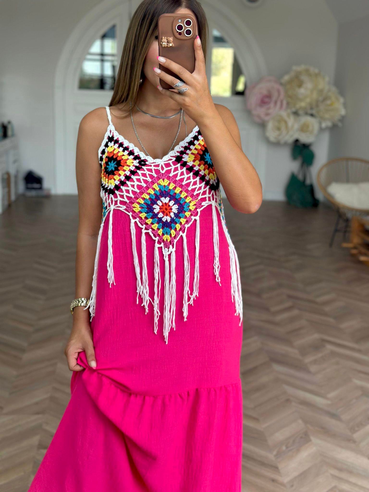 Fuşya Örme Detaylı Elbise