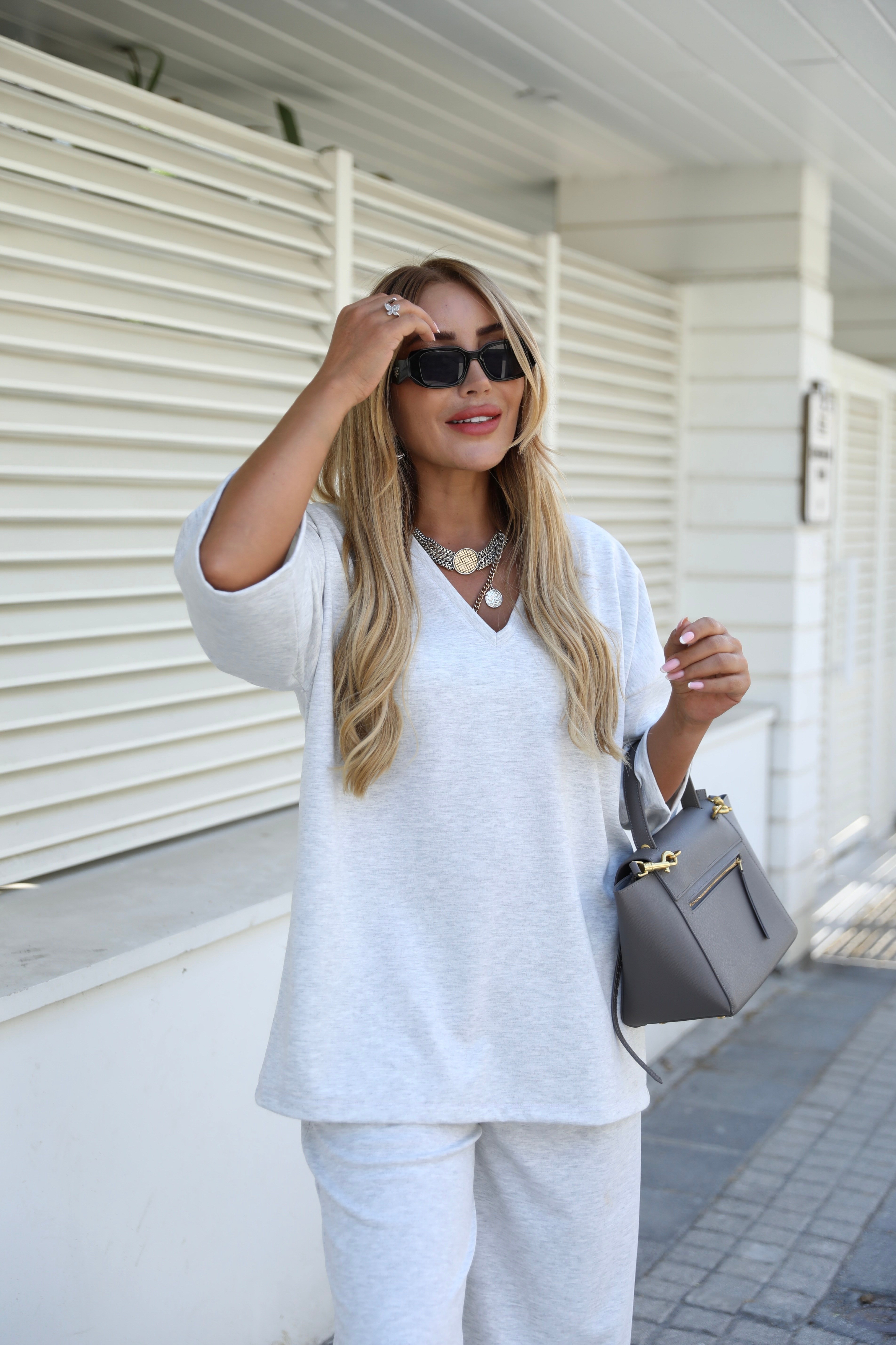 Gri Melanj V Yaka Oversize Takım 