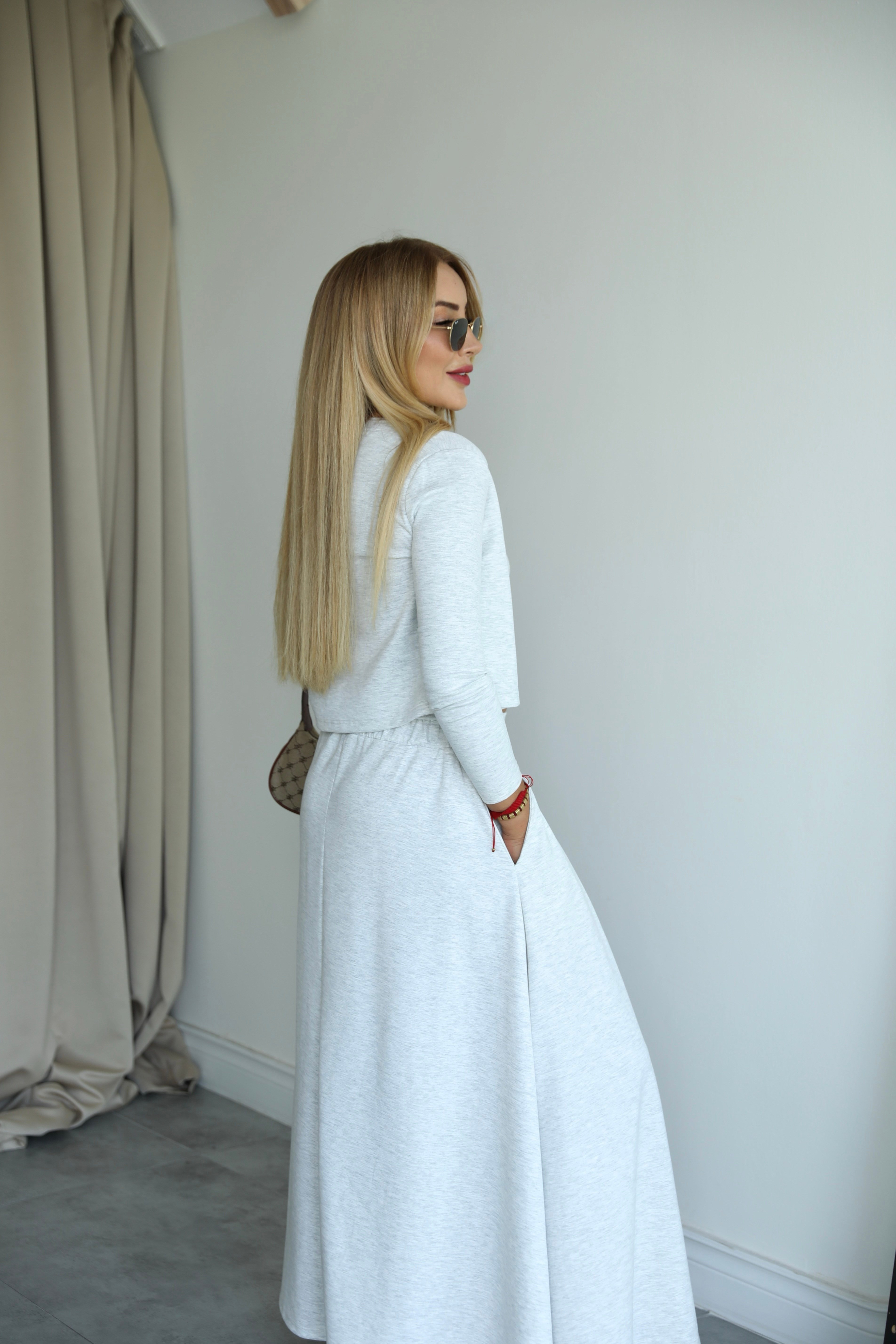 Gri Modal Üçlü Etek Hırka Bluz Takım 