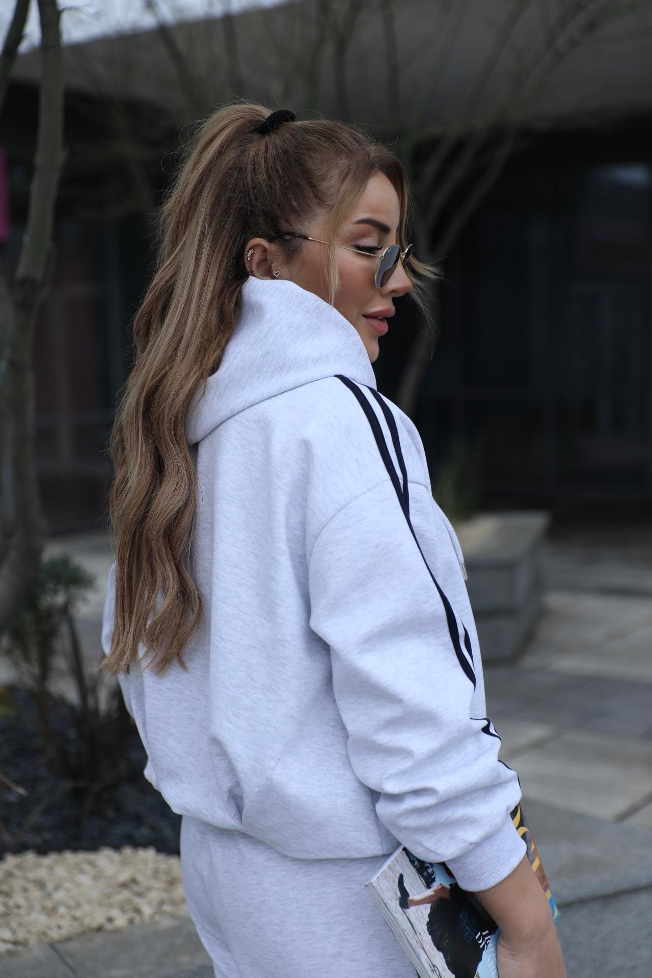 Gri Pile Detaylı Sweat Hırka