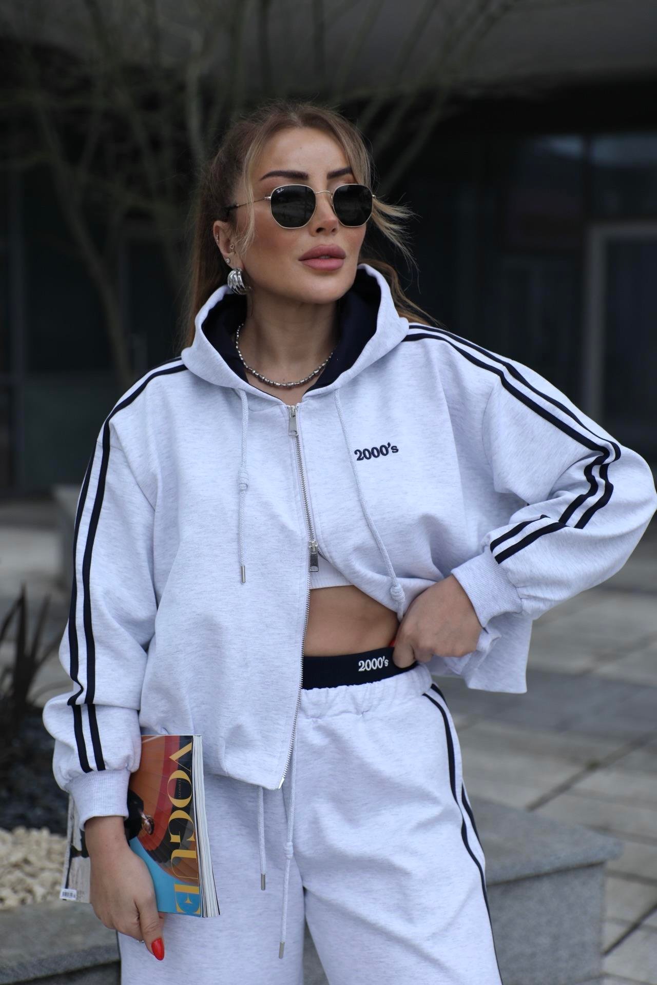 Gri Pile Detaylı Sweat Hırka