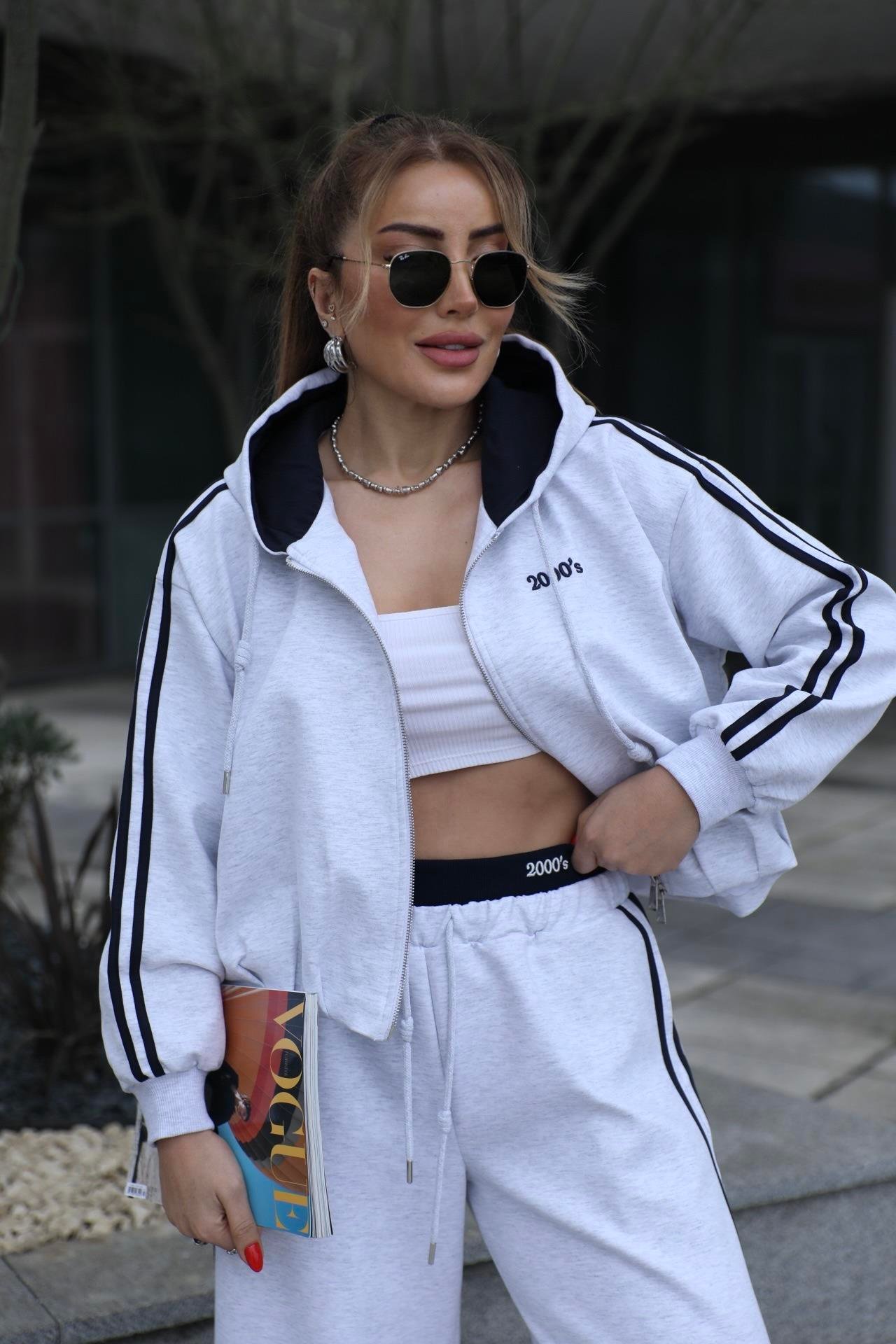 Gri Pile Detaylı Sweat Hırka