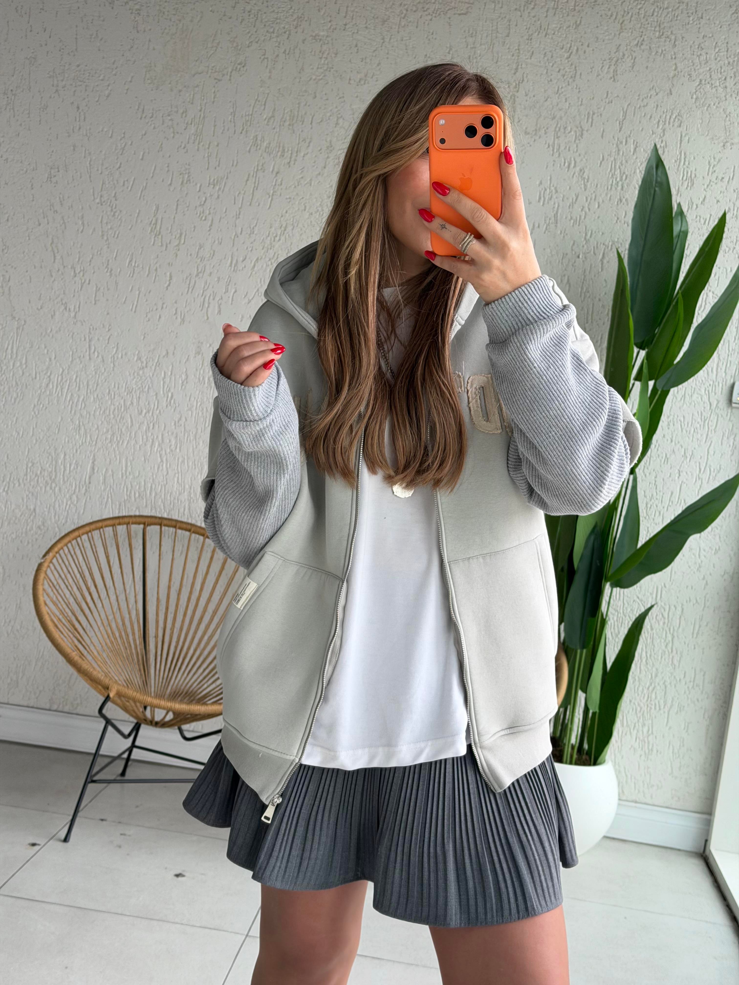 Gri Triko Detaylı Sweat Hırka 