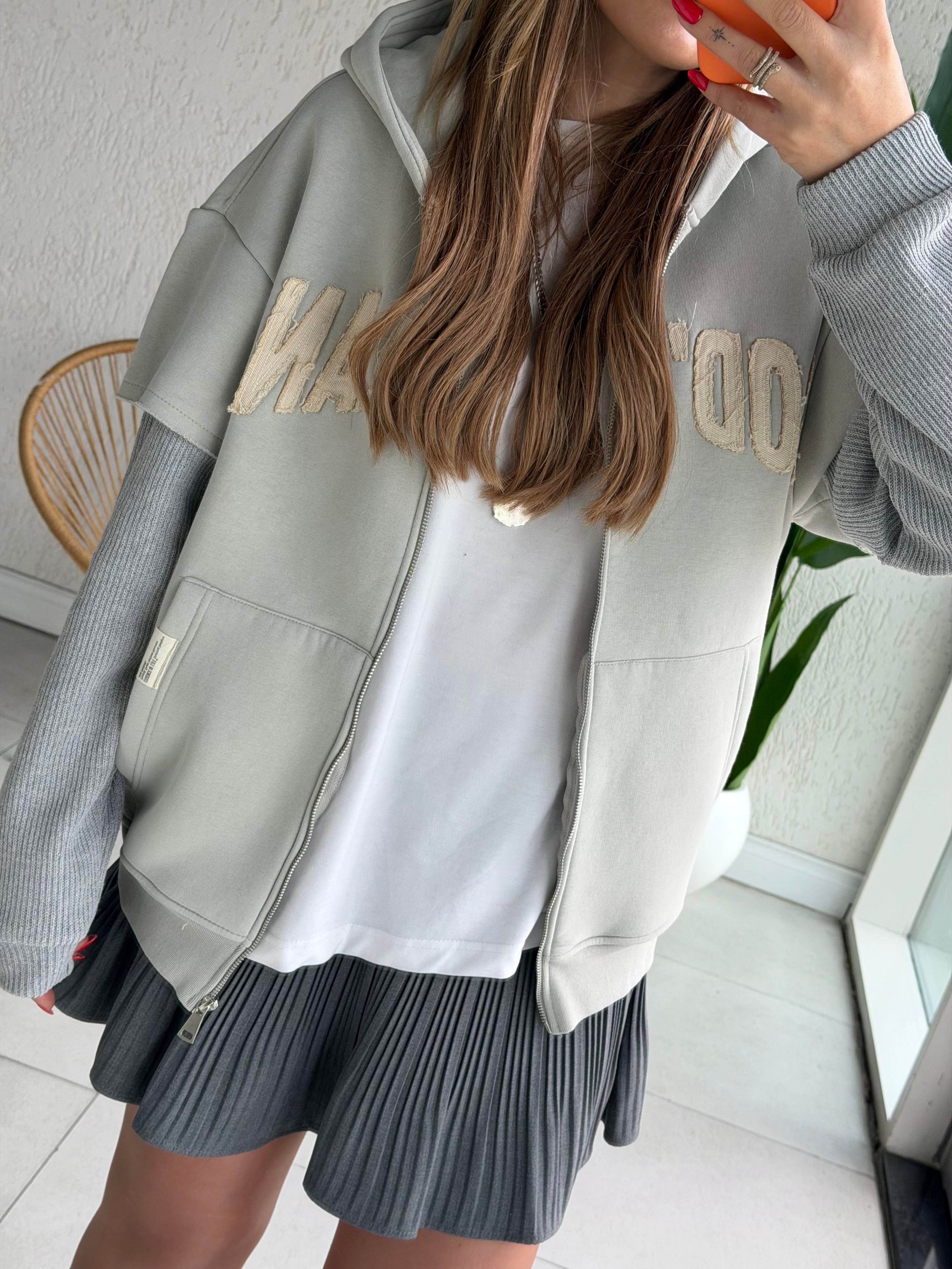 Gri Triko Detaylı Sweat Hırka 