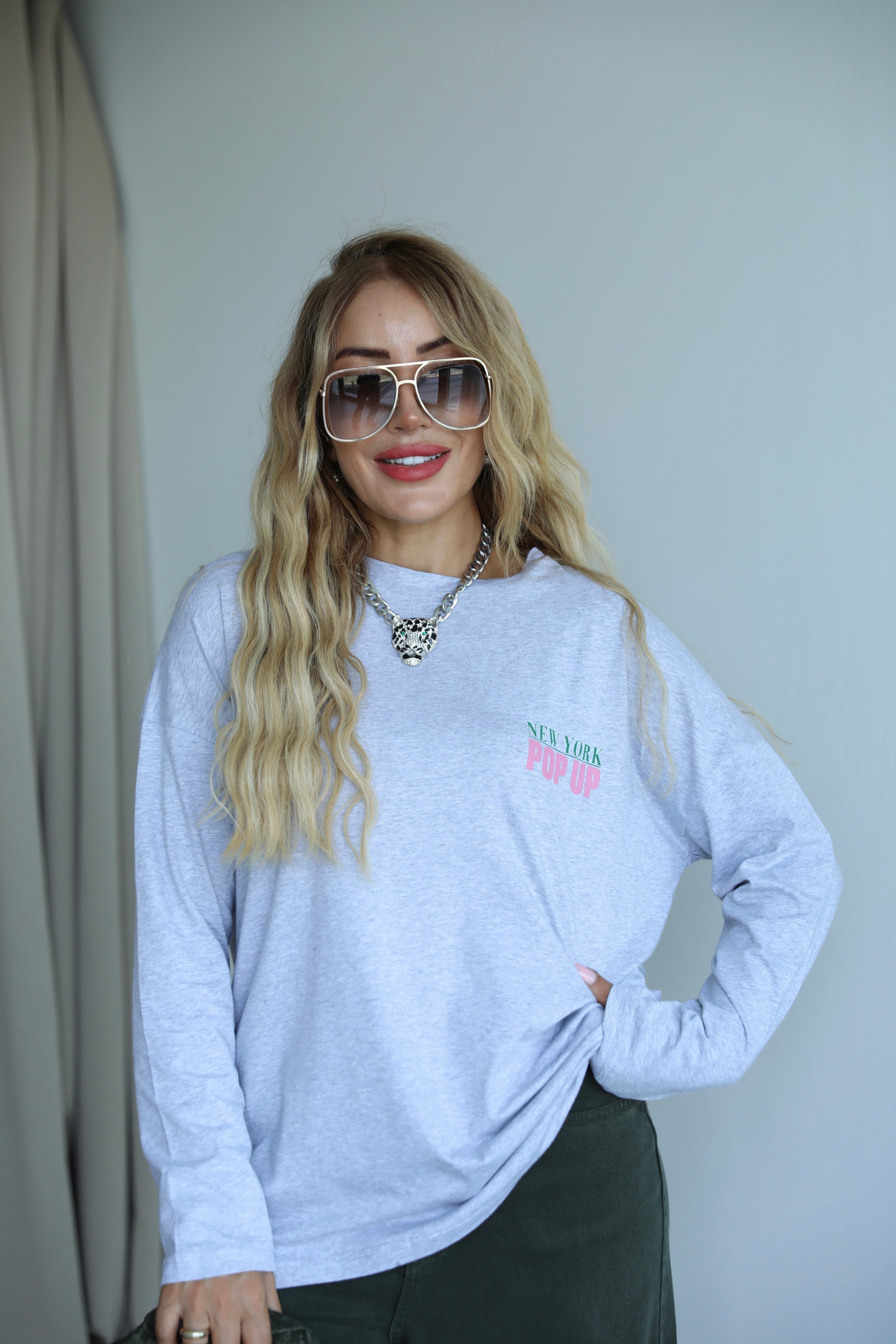 Gri Yeşil Yazılı Uzun Kollu Basic T-shirt 
