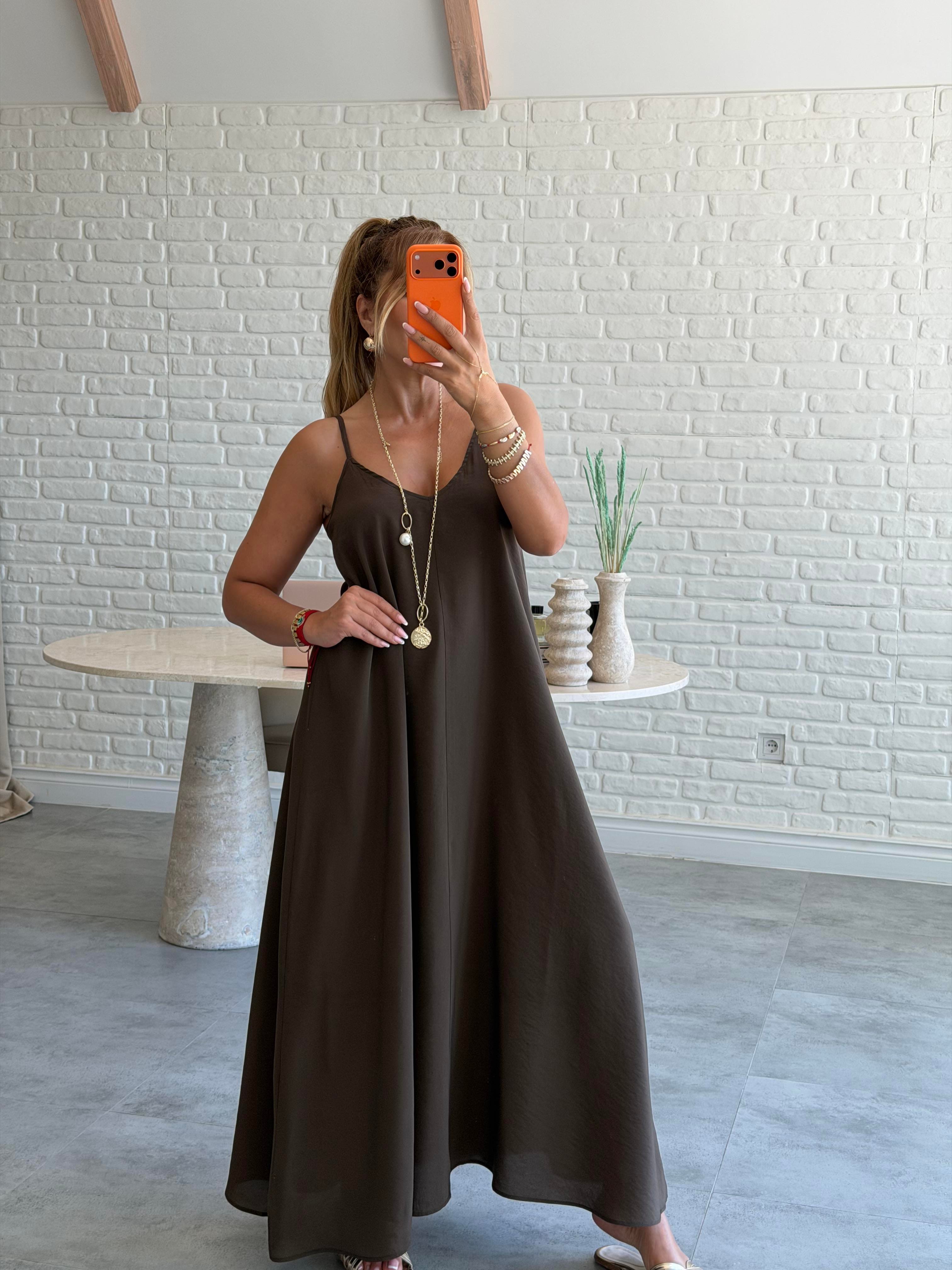 Haki Askılı Maxi Çan Elbise