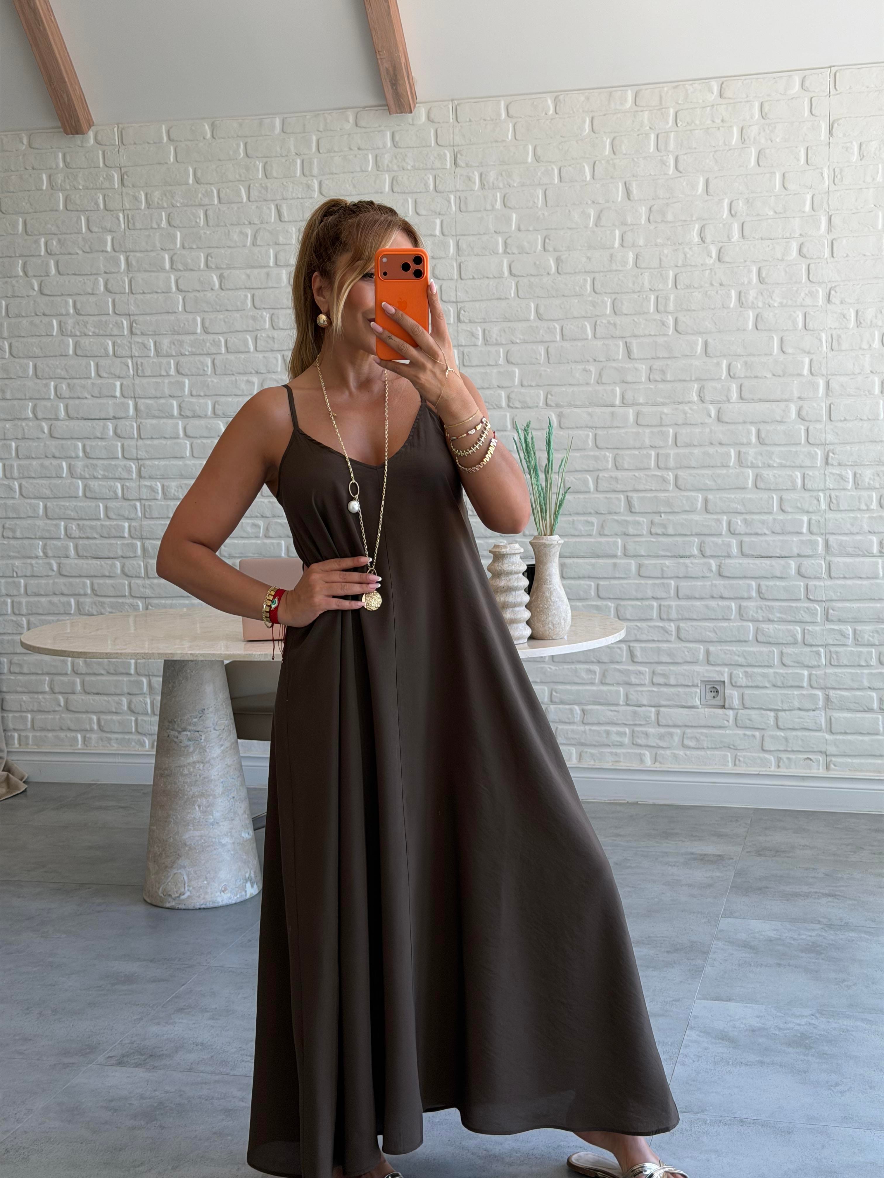 Haki Askılı Maxi Çan Elbise