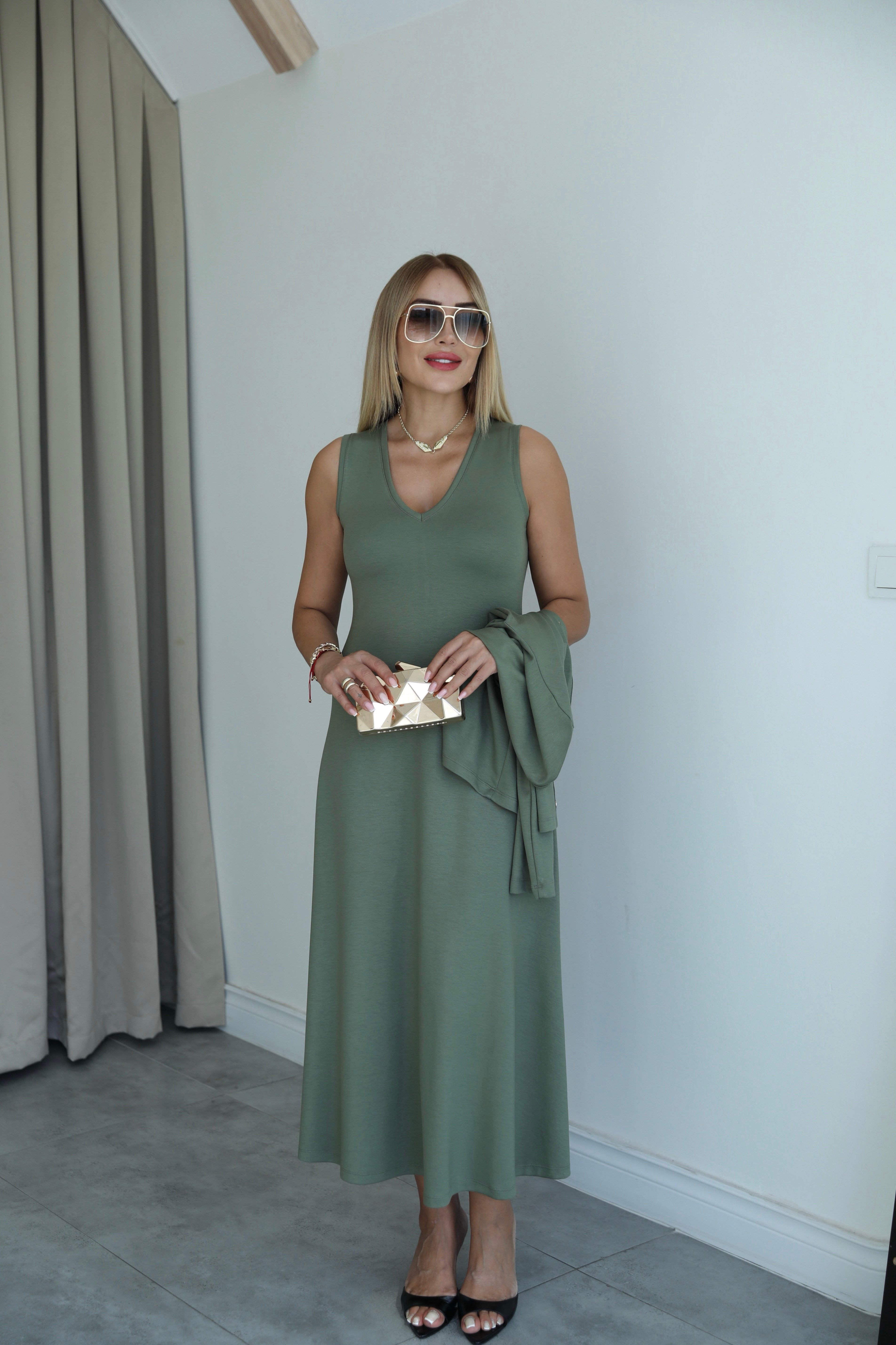 Haki Çıtçıtlı Elbise Hırka Takım 