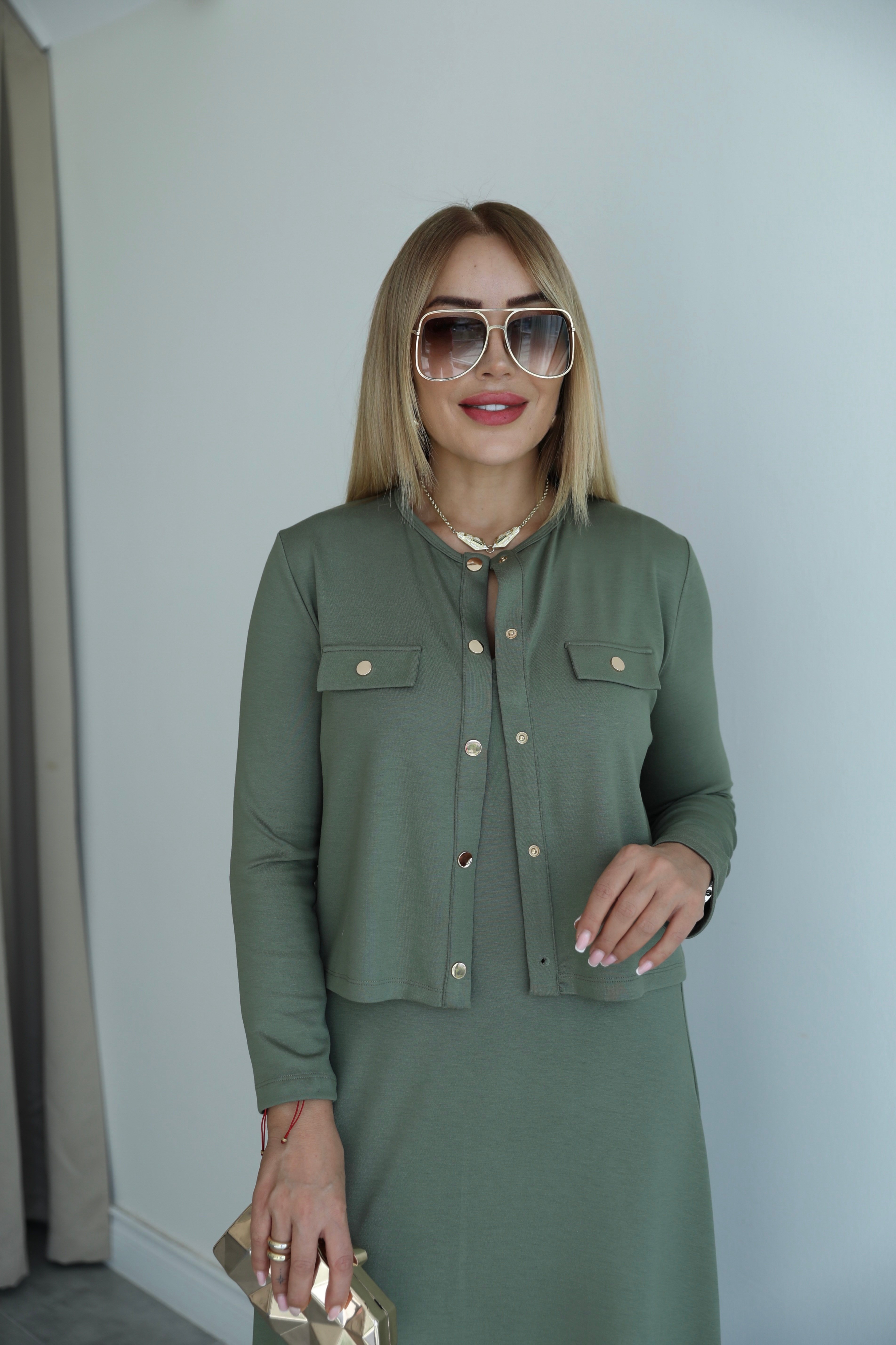 Haki Çıtçıtlı Elbise Hırka Takım 