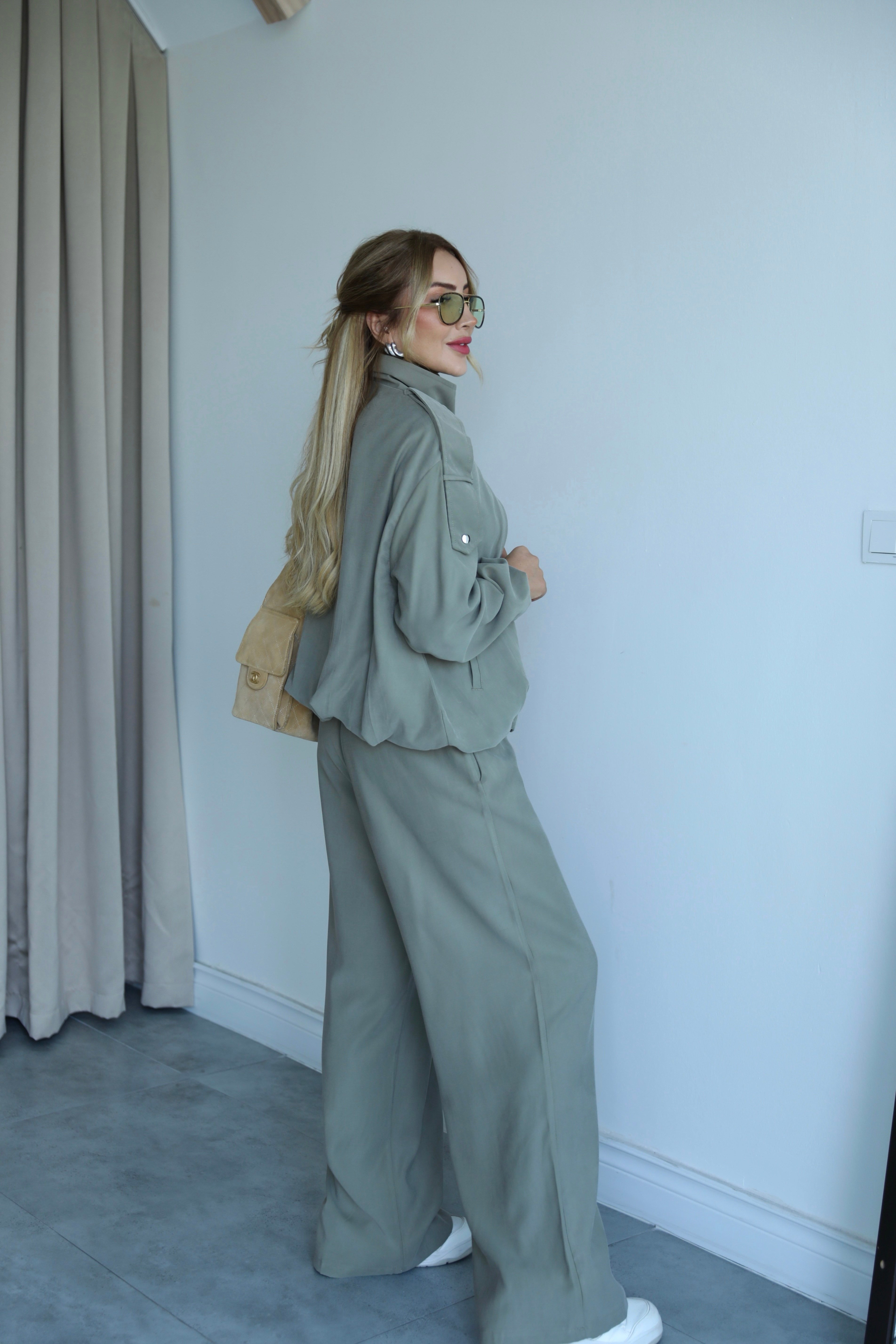 Haki Çıtçıtlı Pileli Ceket Pantolon Takım 