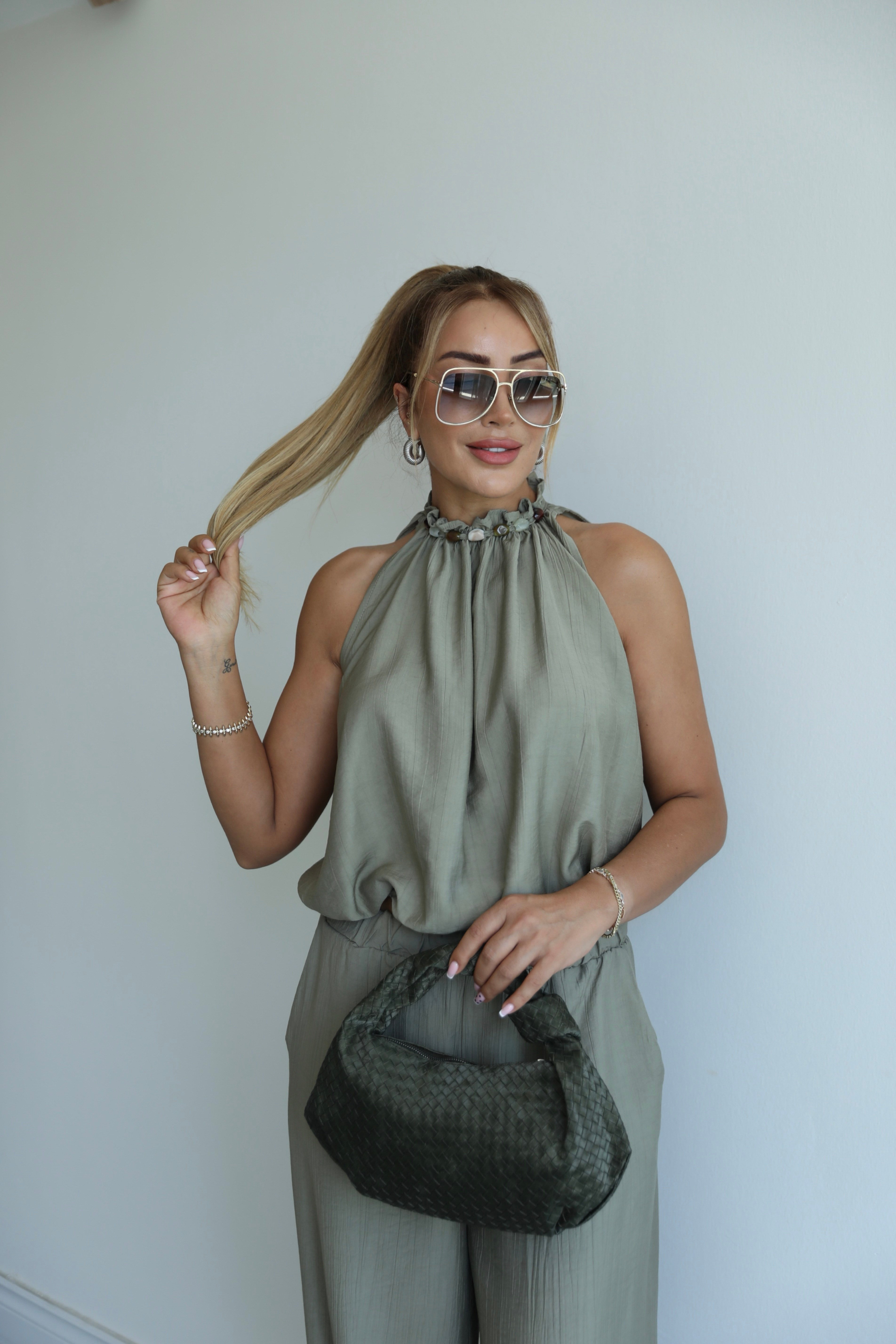 Haki Keten Halter Şalvar Bluz Takım 
