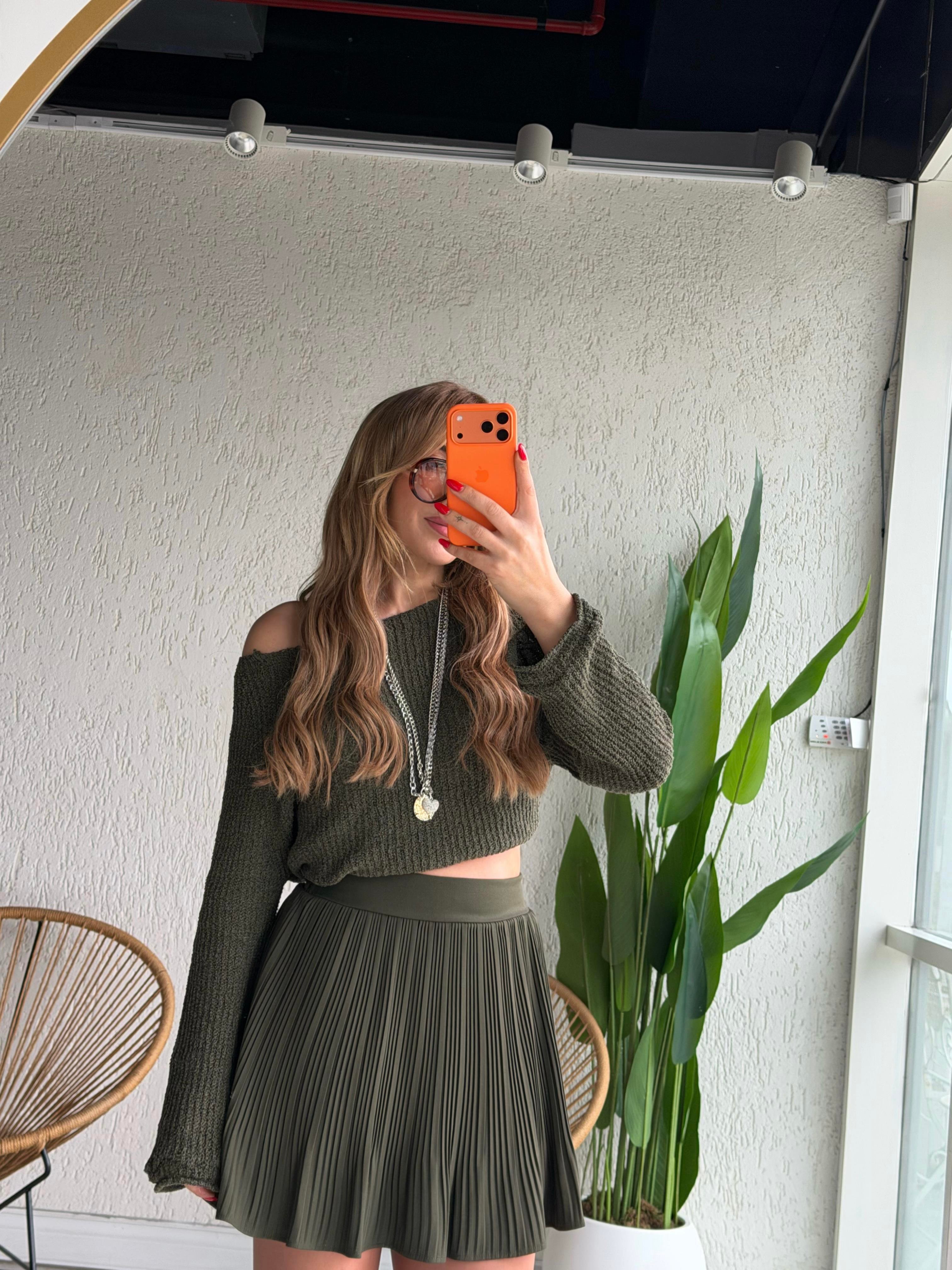 Haki Piliseli Şort Etek