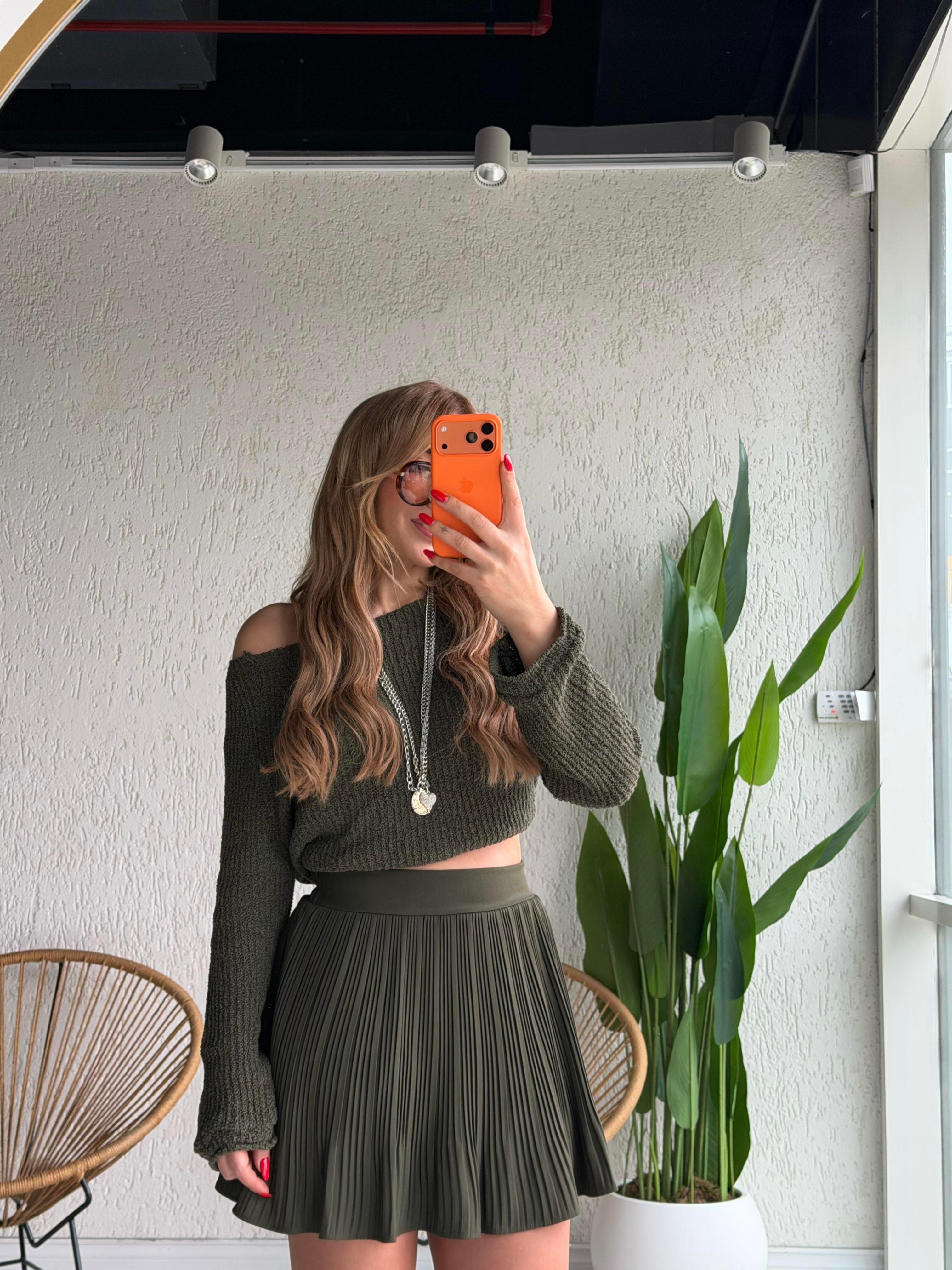 Haki Piliseli Şort Etek