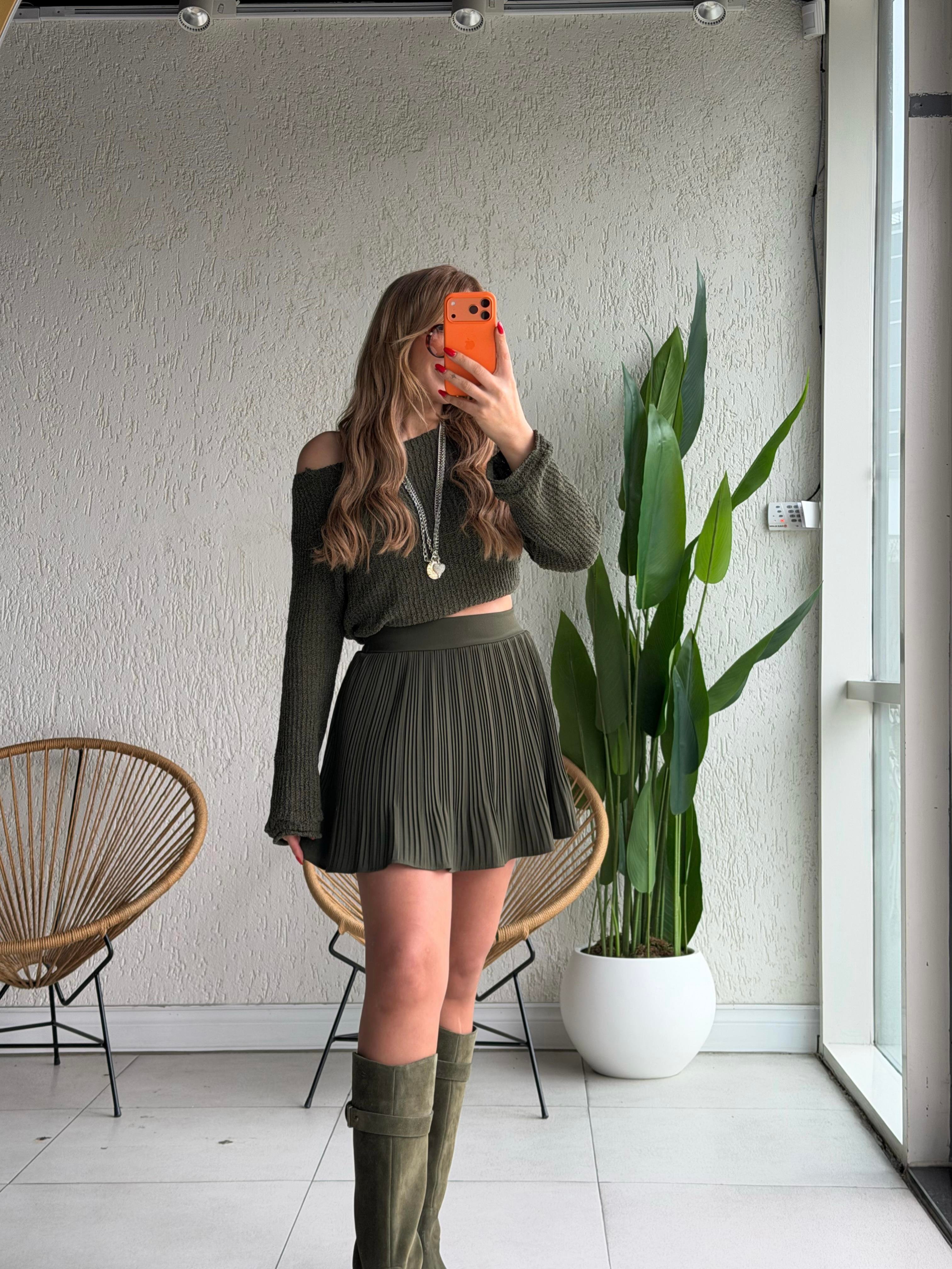 Haki Piliseli Şort Etek