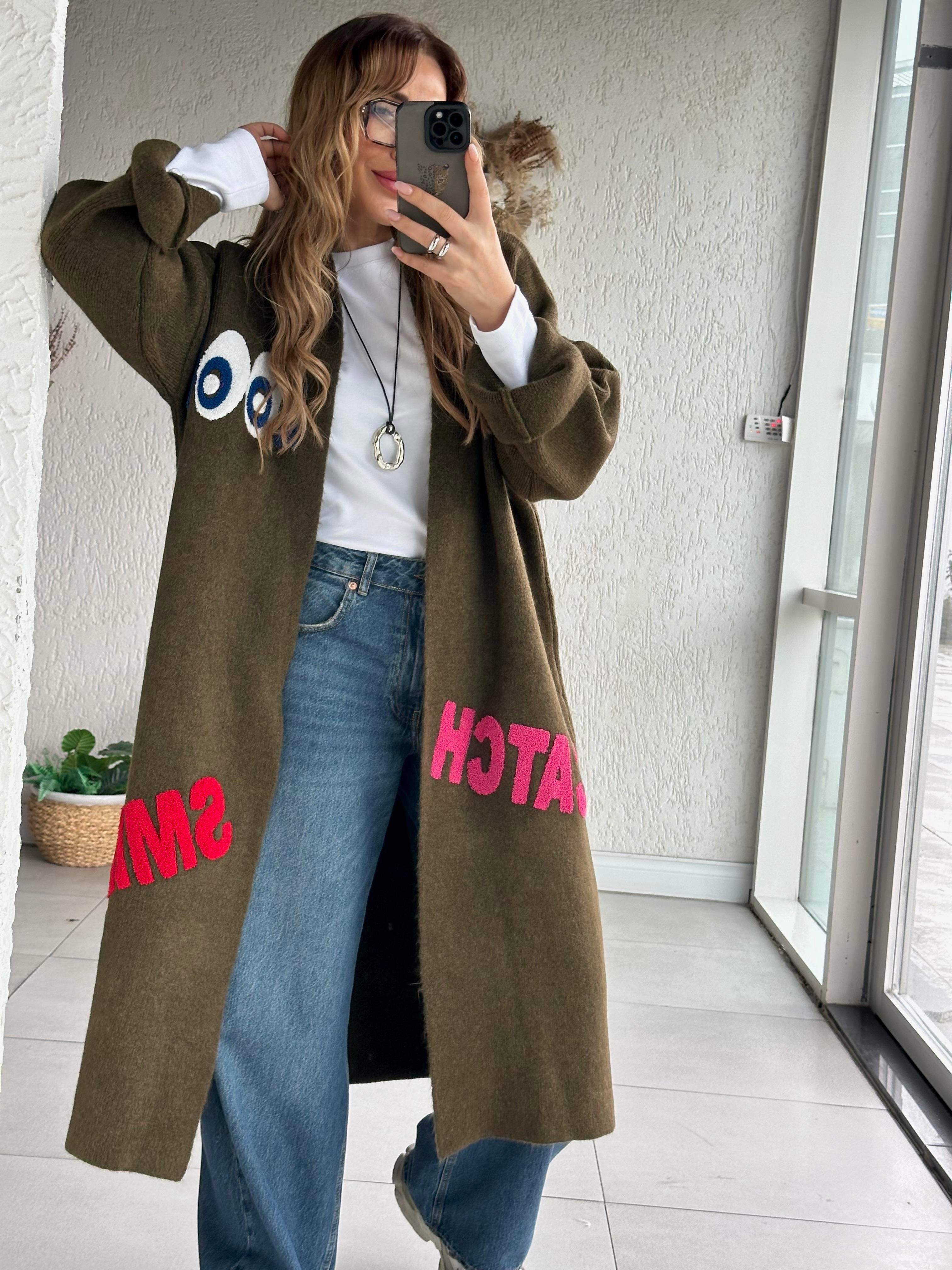 Haki Renkli Detaylı Uzun Hırka