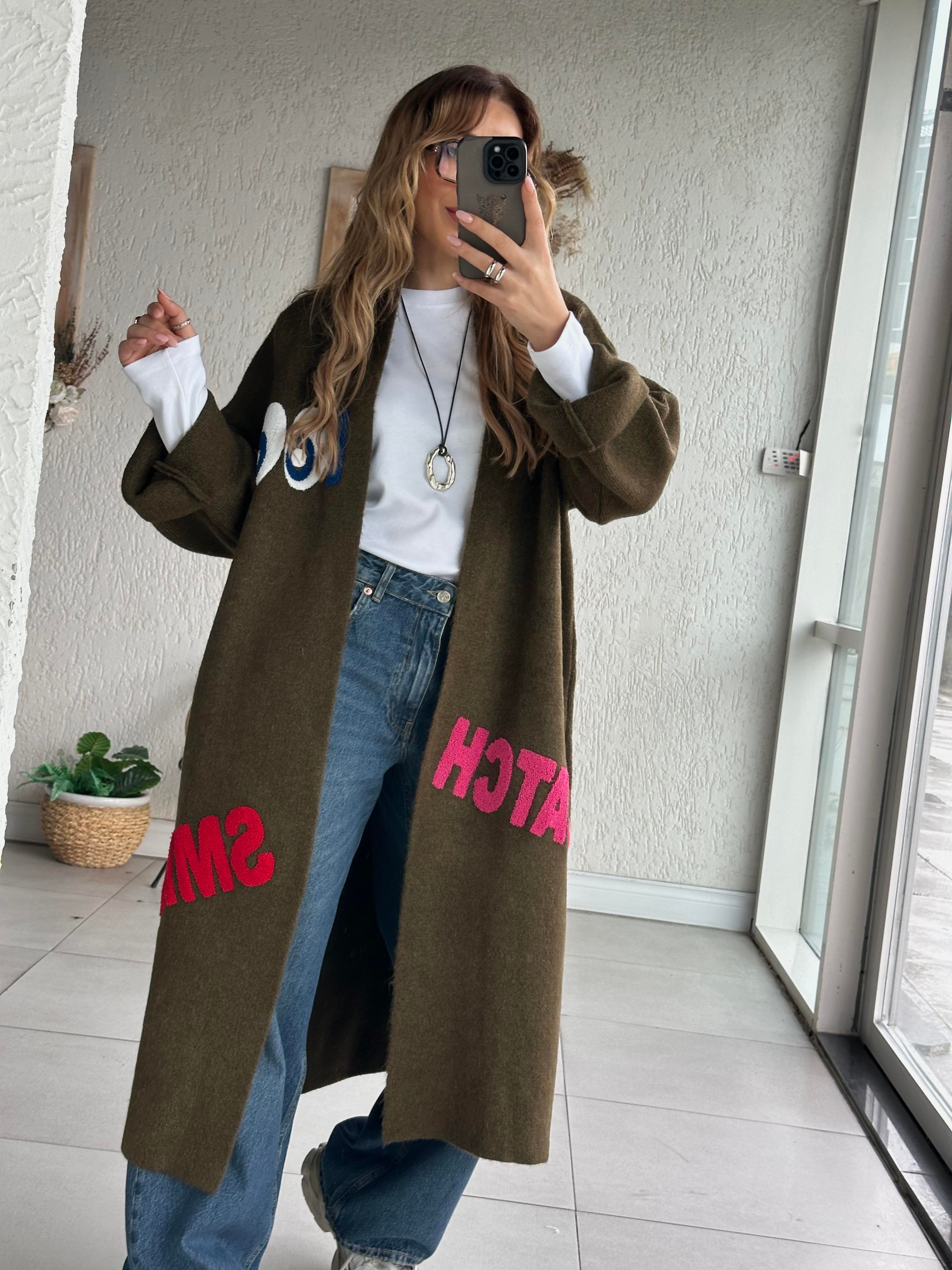 Haki Renkli Detaylı Uzun Hırka