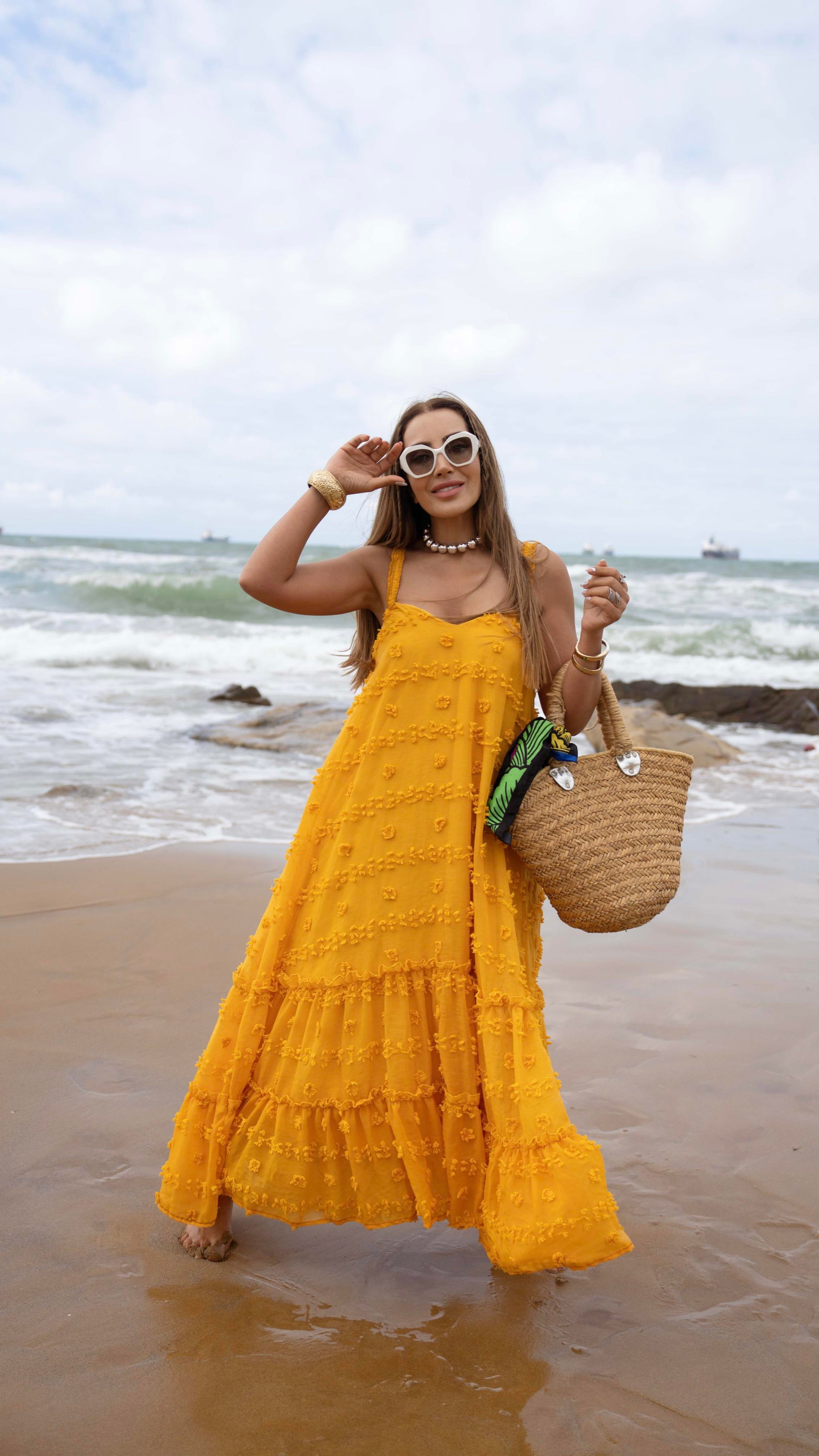 Hardal Sarısı Tül Askılı Elbise