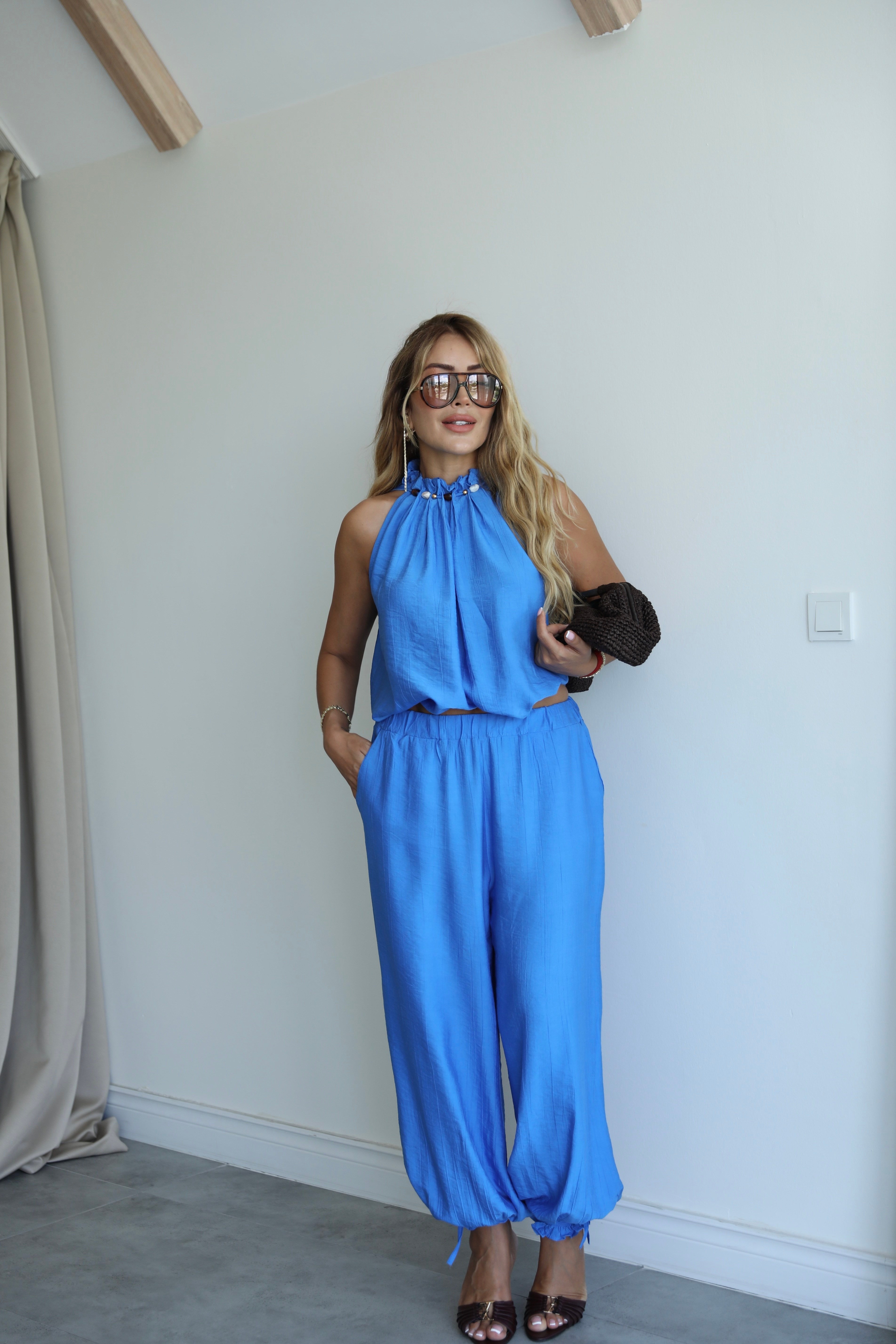 Indigo Mavi Şalvar Bluz Takım
