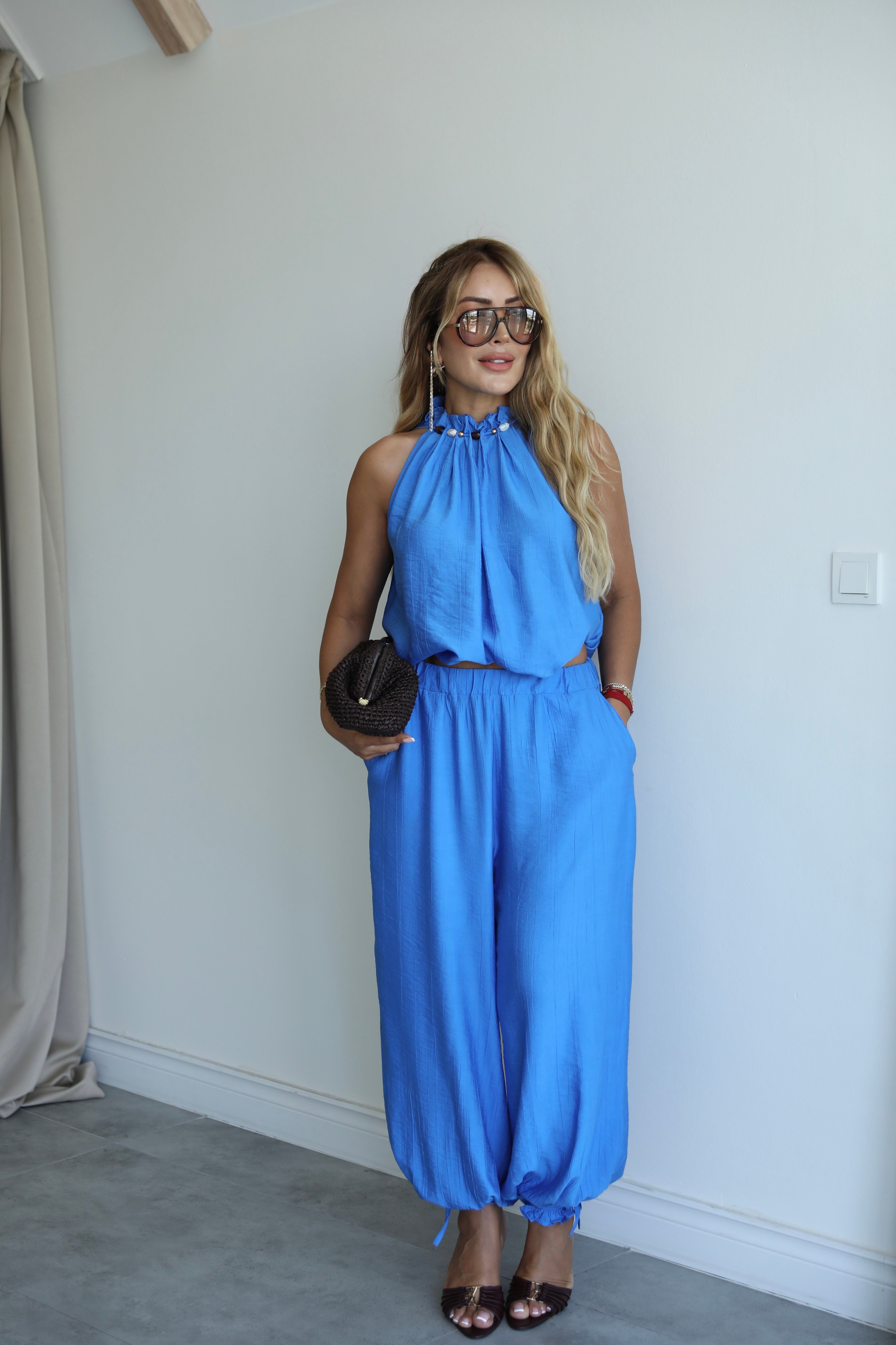 Indigo Mavi Şalvar Bluz Takım