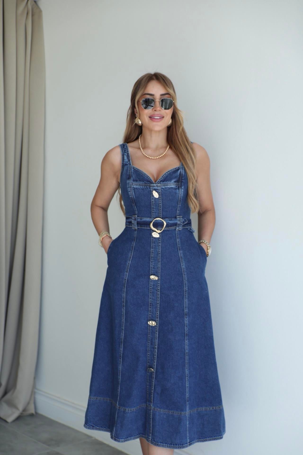 Jean Askılı Kemerli Elbise
