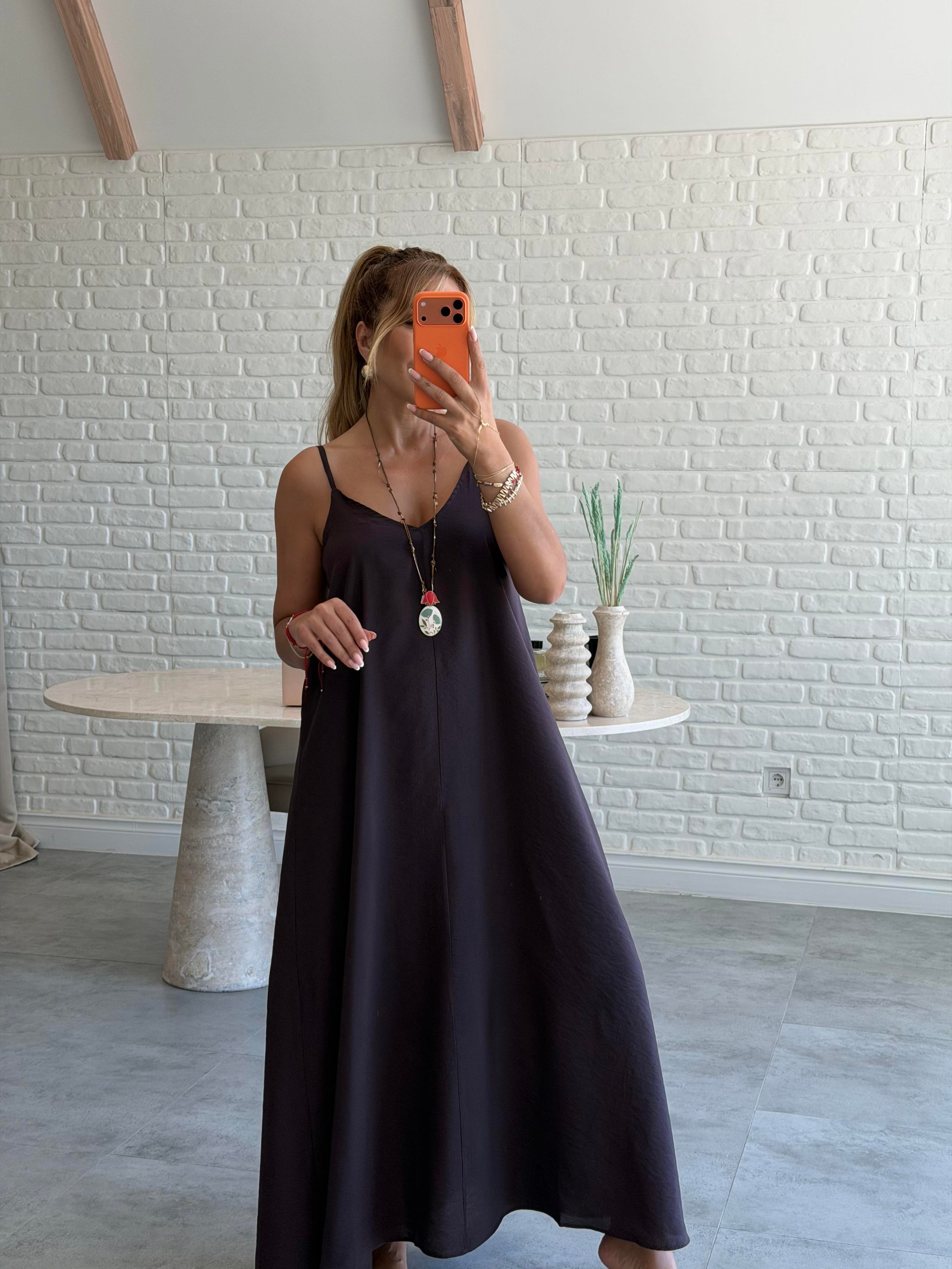 Kahve Askılı Maxi Çan Elbise