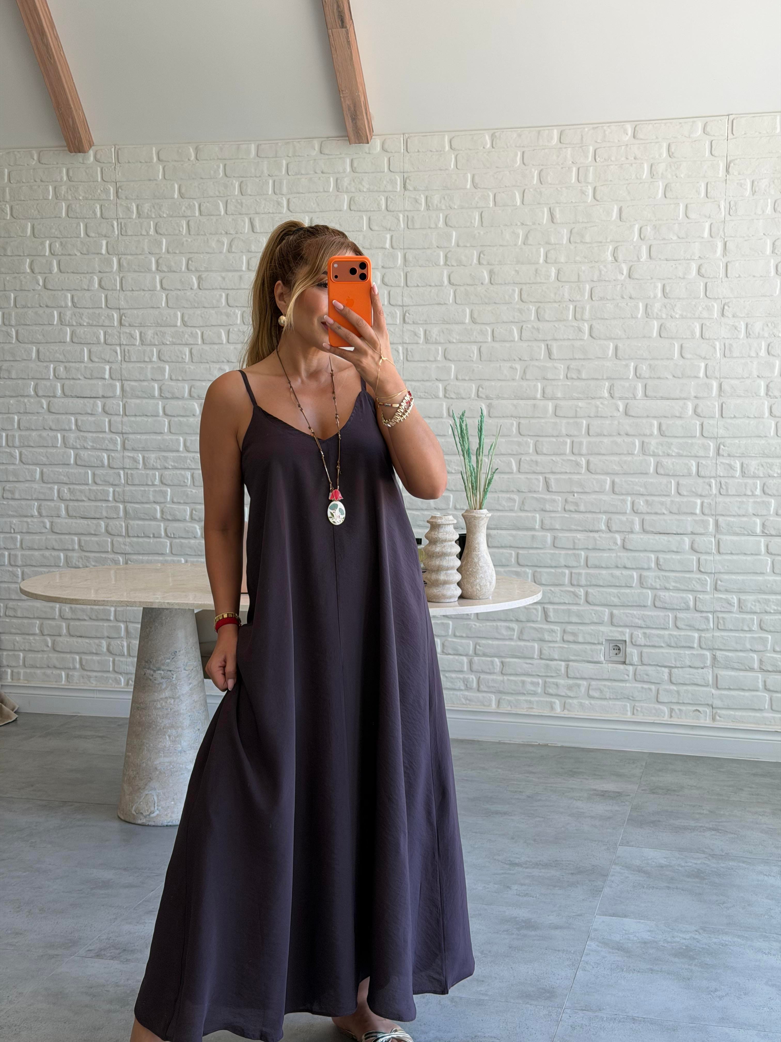 Kahve Askılı Maxi Çan Elbise