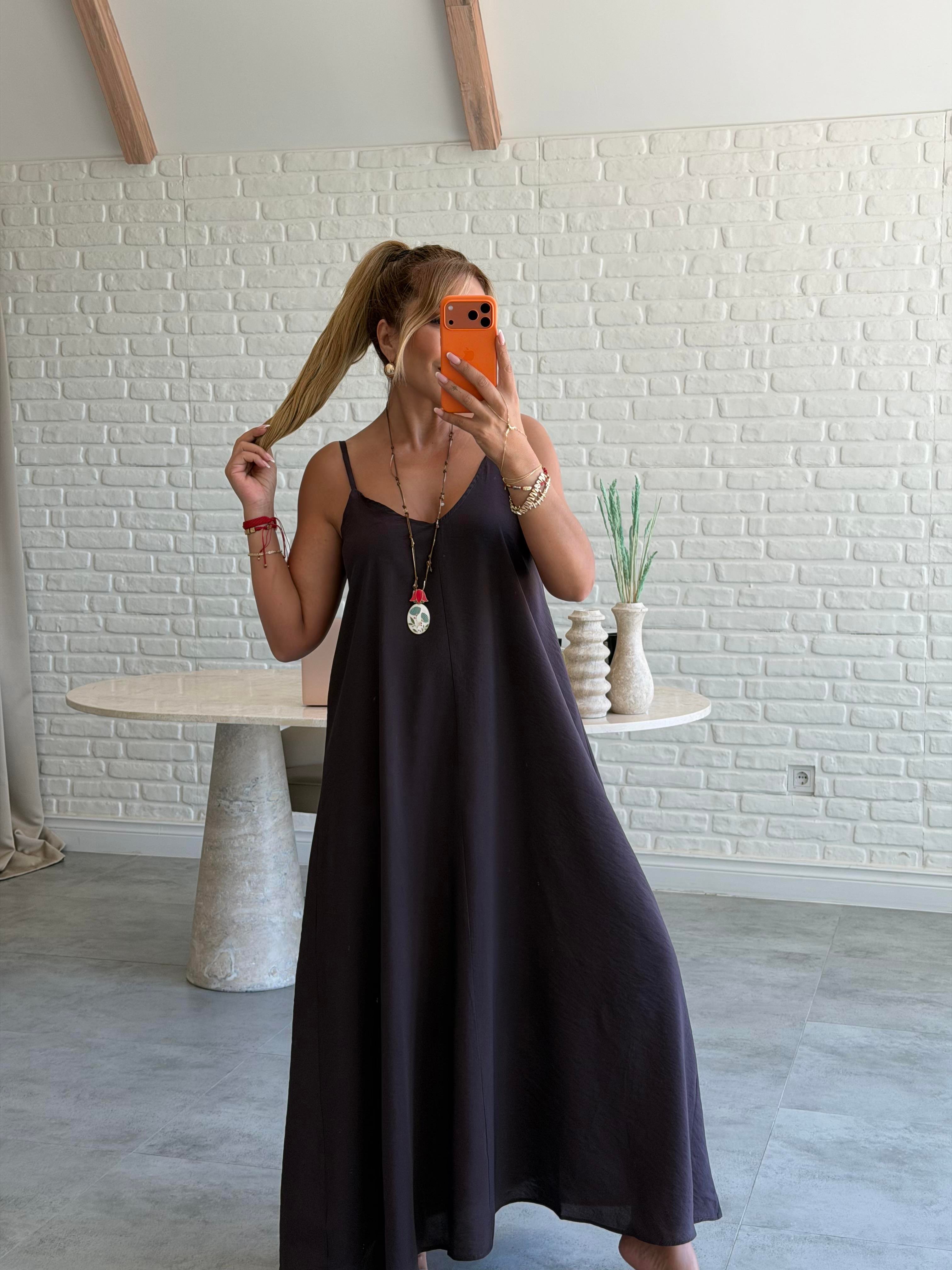 Kahve Askılı Maxi Çan Elbise