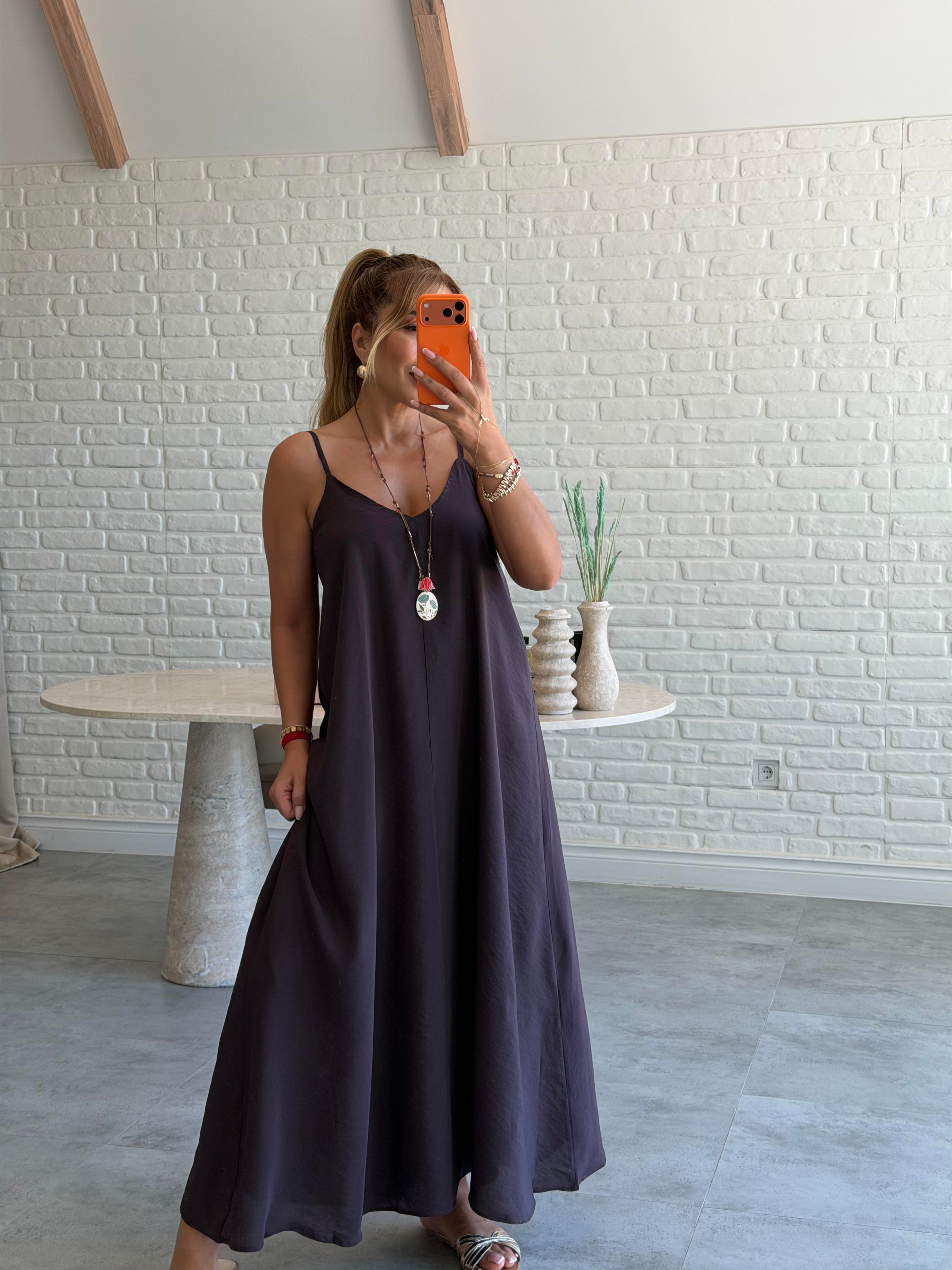 Kahve Askılı Maxi Çan Elbise