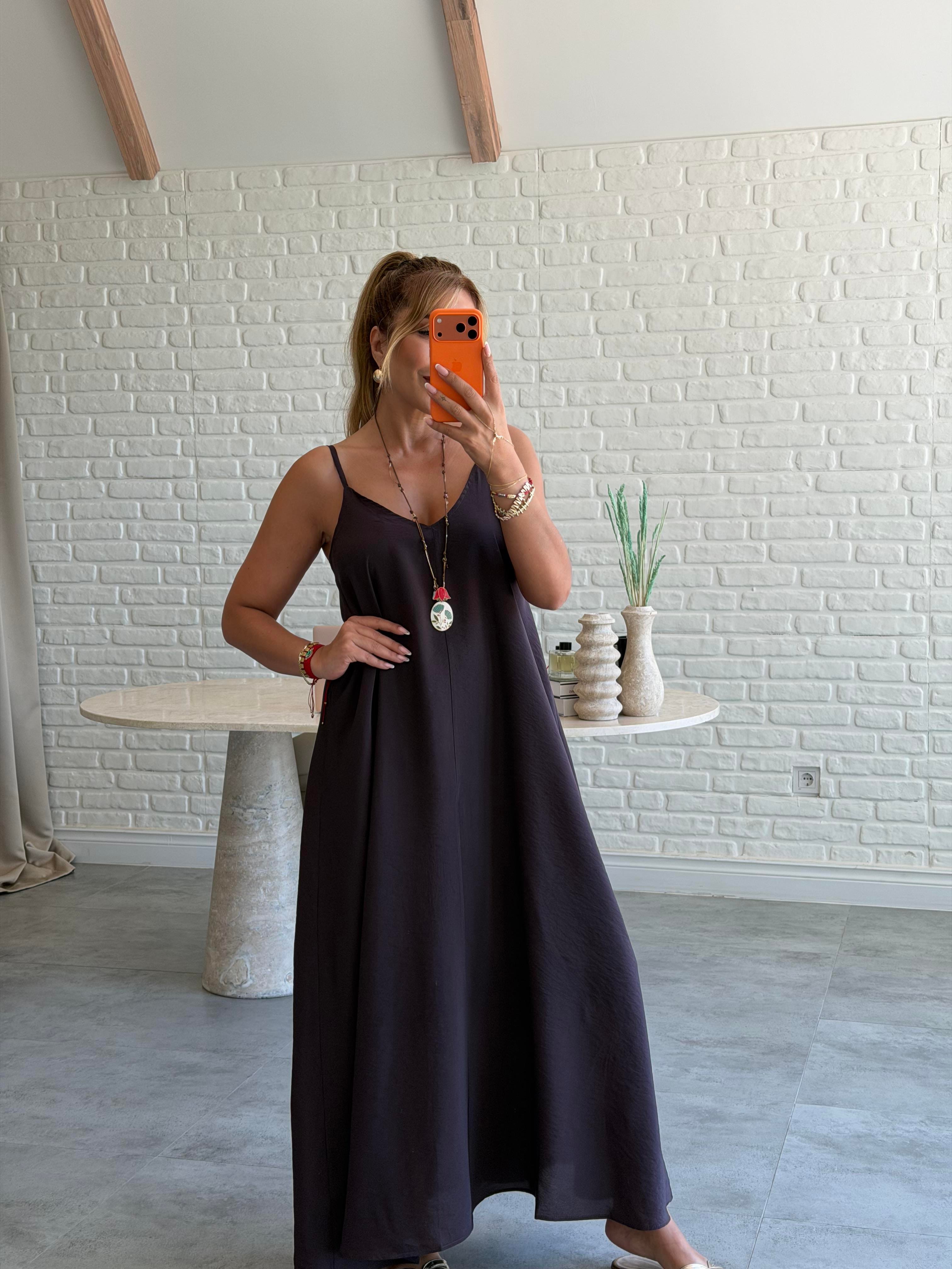 Kahve Askılı Maxi Çan Elbise