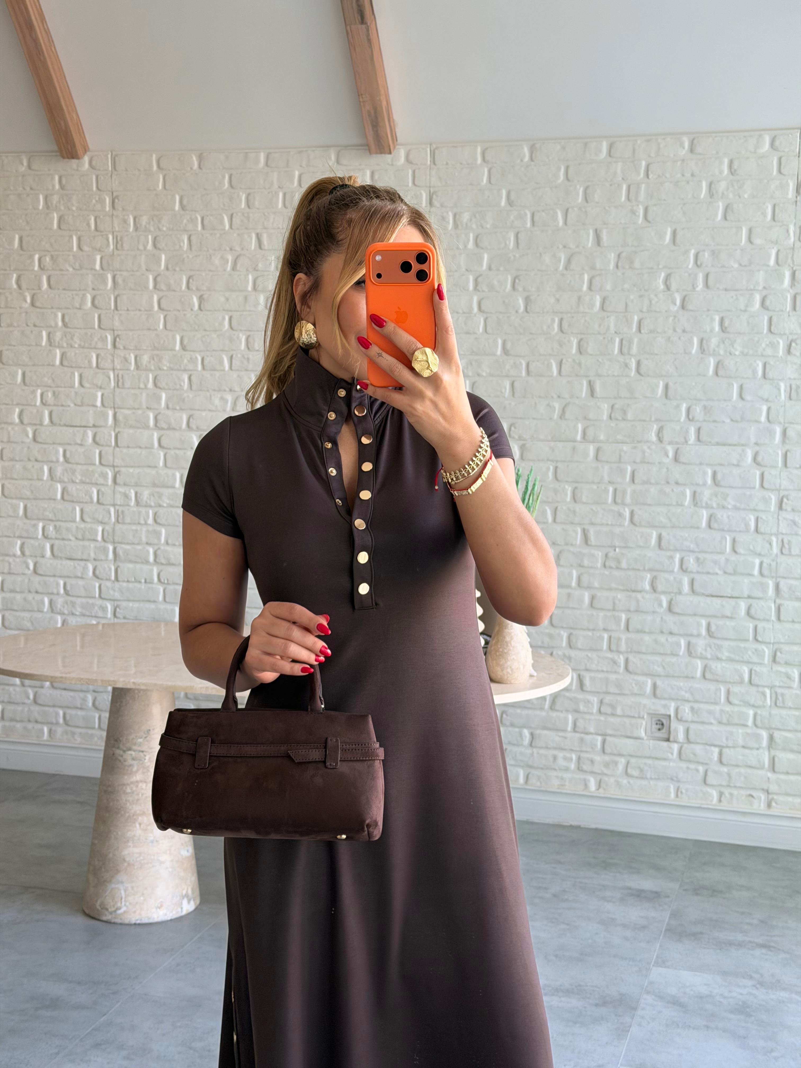 Kahve Çıtçıtlı Modal Elbise