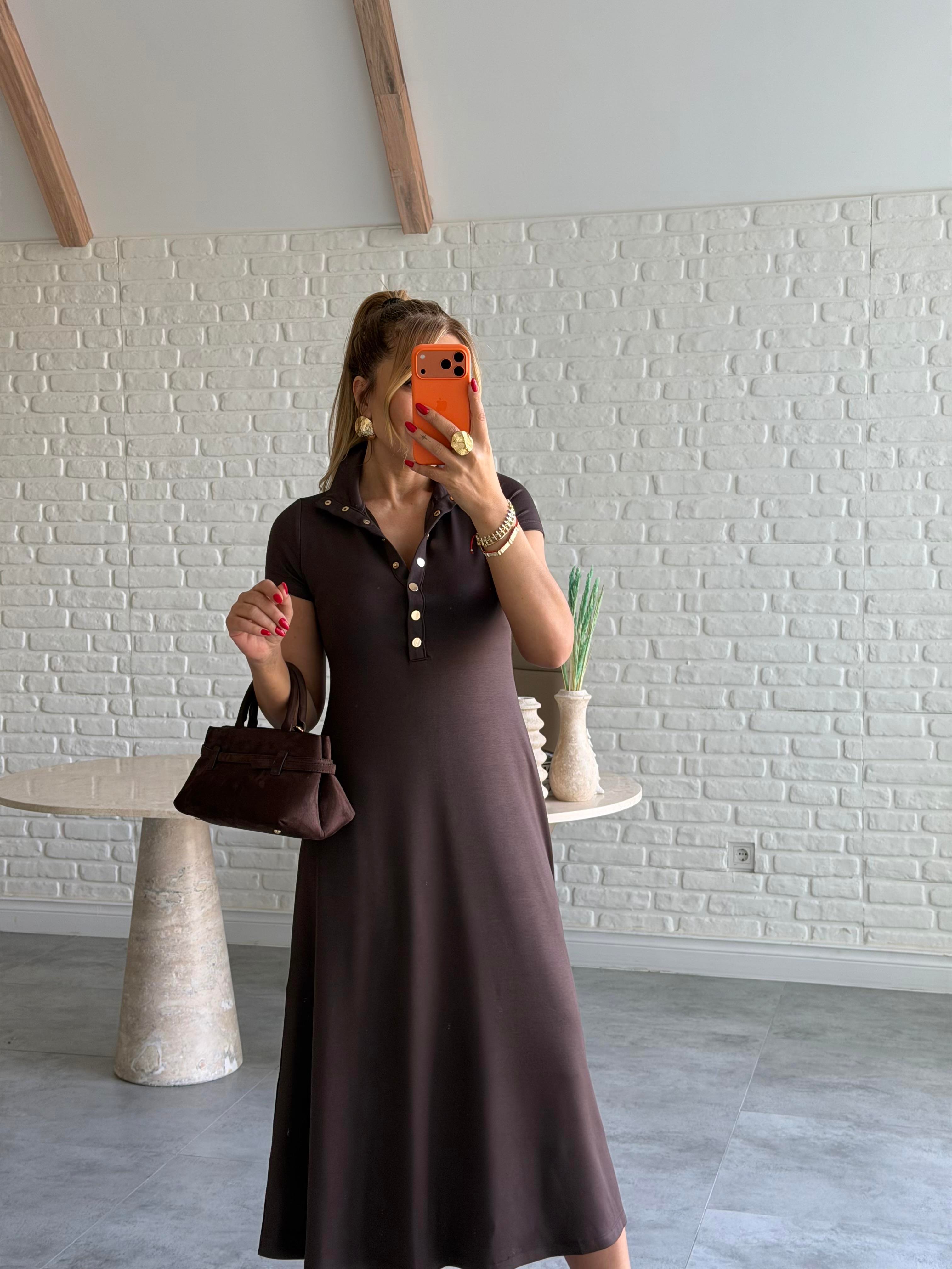 Kahve Çıtçıtlı Modal Elbise