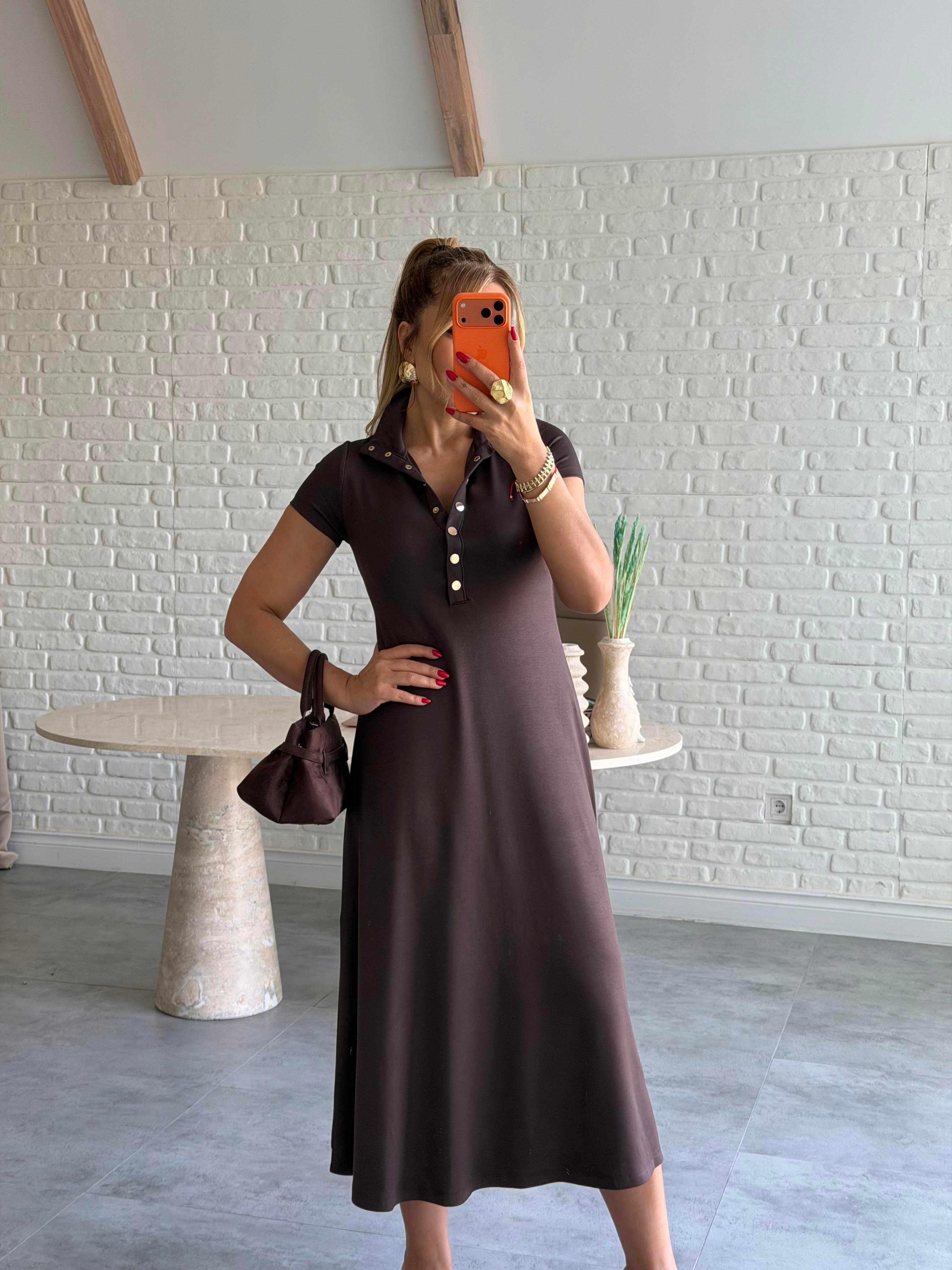 Kahve Çıtçıtlı Modal Elbise